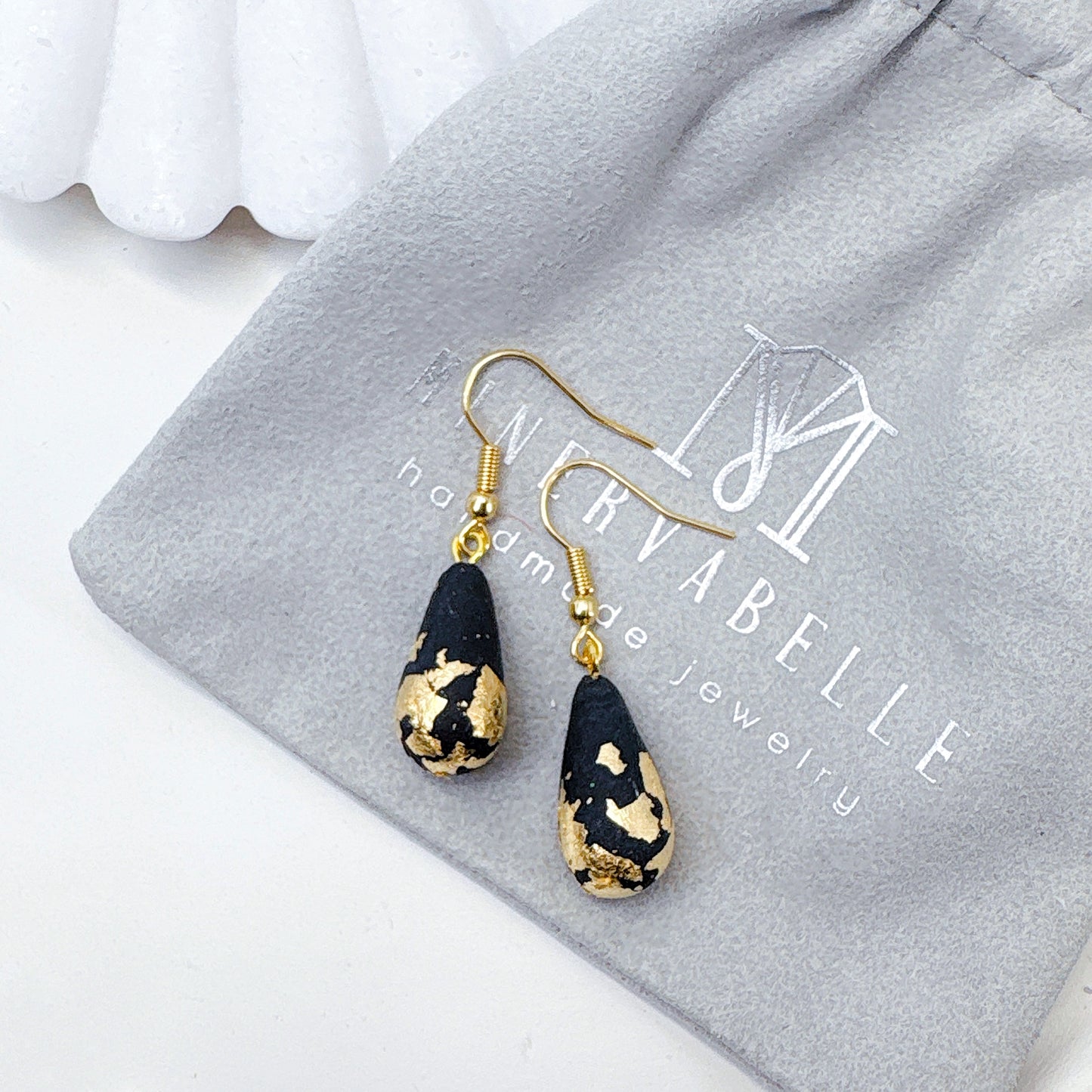 Handmade Black Gold Leaf Polymer Clay Teardrop Dangle Earrings