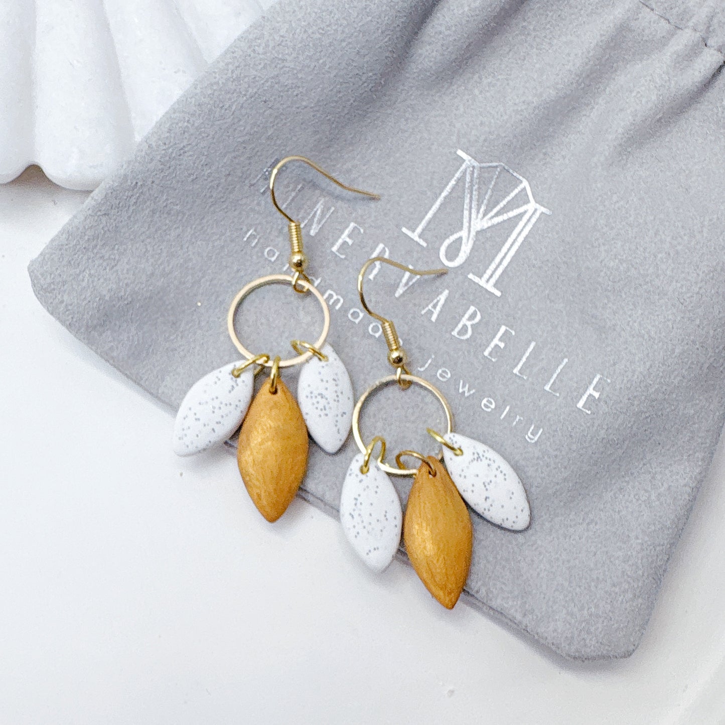 Handmade Gold Triple Leaf Polymer Clay Dangle Earrings