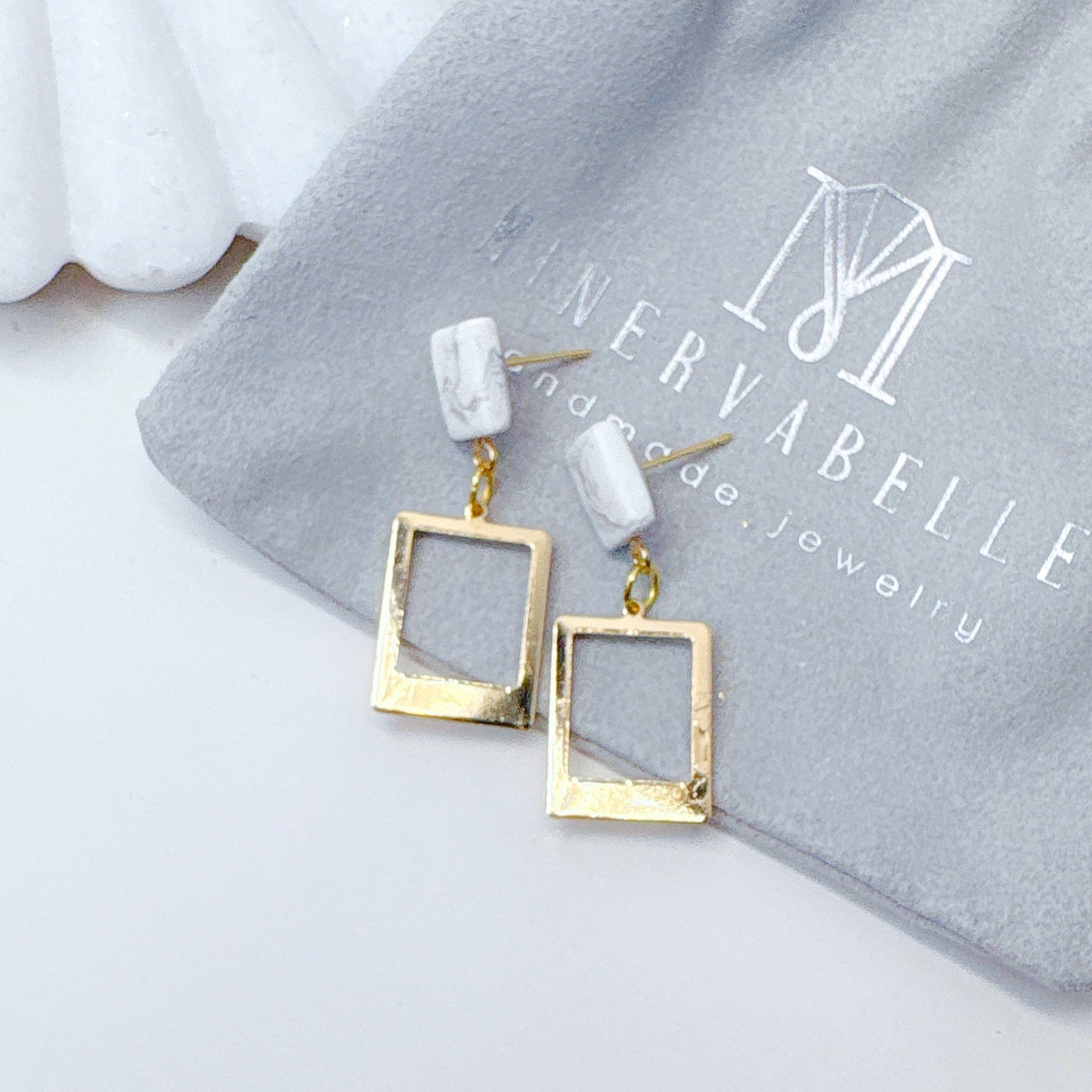Marble Clay and Gold Geometric Drop Earrings