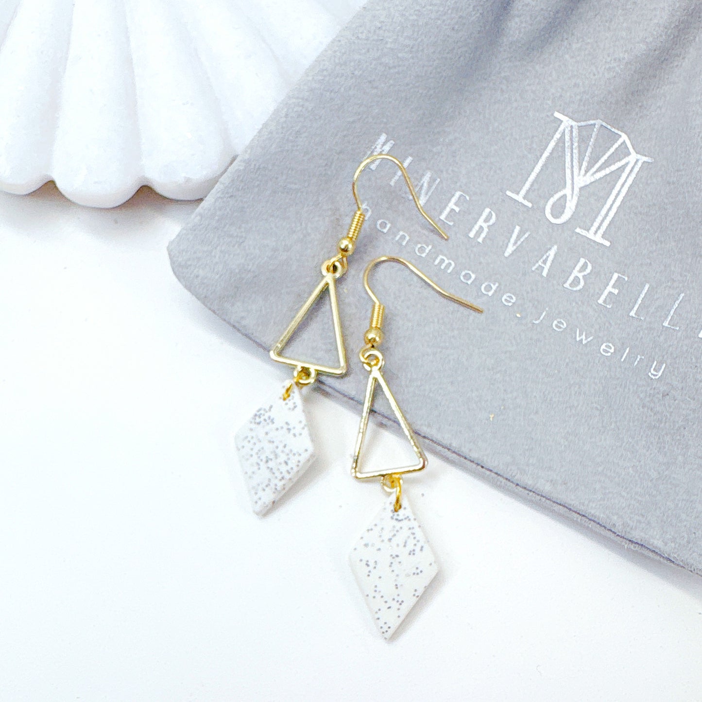 White Stone Polymer Clay with Golden Geometric Triangle Dangle Earrings