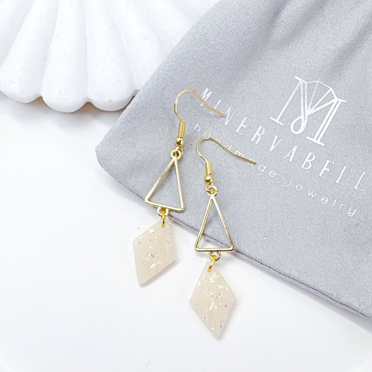 White Stone Polymer Clay with Golden Geometric Triangle Dangle Earrings