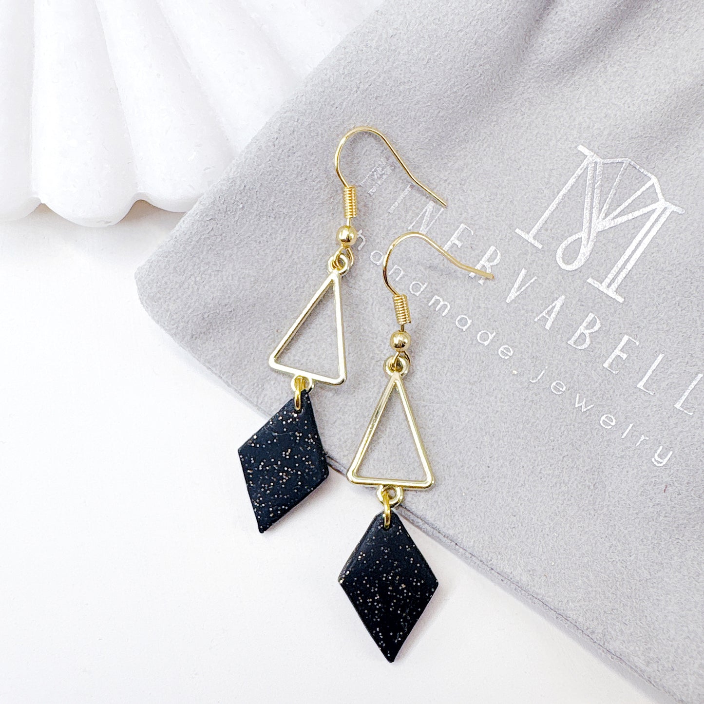 White Stone Polymer Clay with Golden Geometric Triangle Dangle Earrings