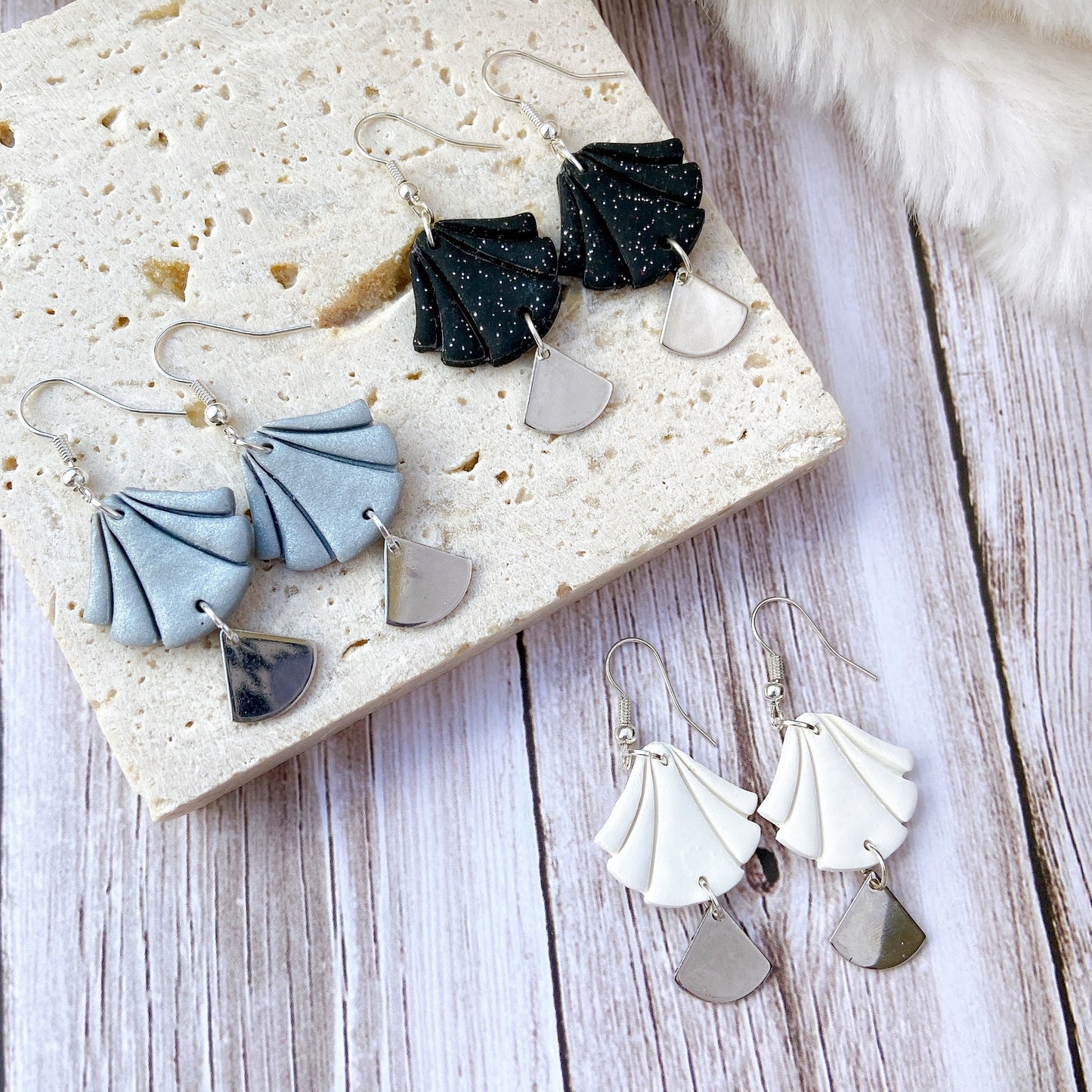 White Handmade Polymer Clay Fan Earrings with Polished Silver Metal Accent