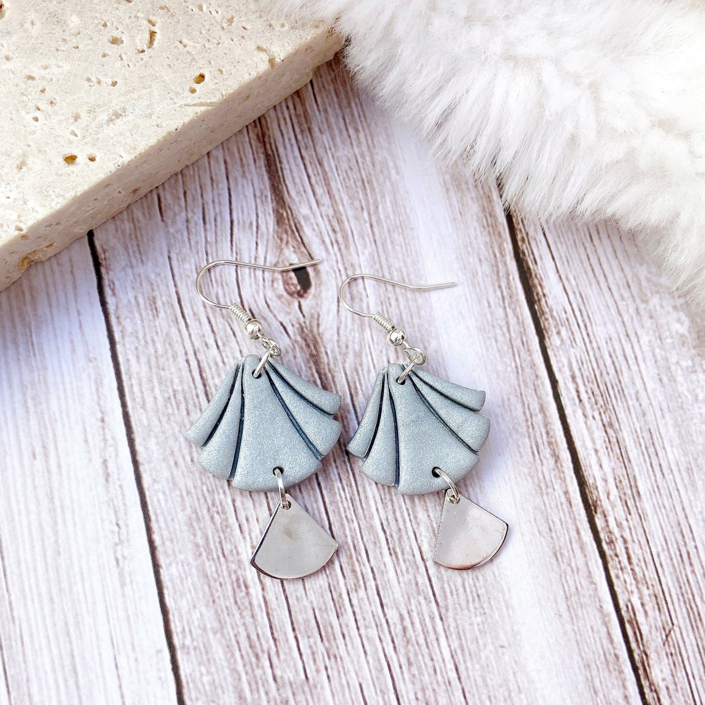 White Handmade Polymer Clay Fan Earrings with Polished Silver Metal Accent