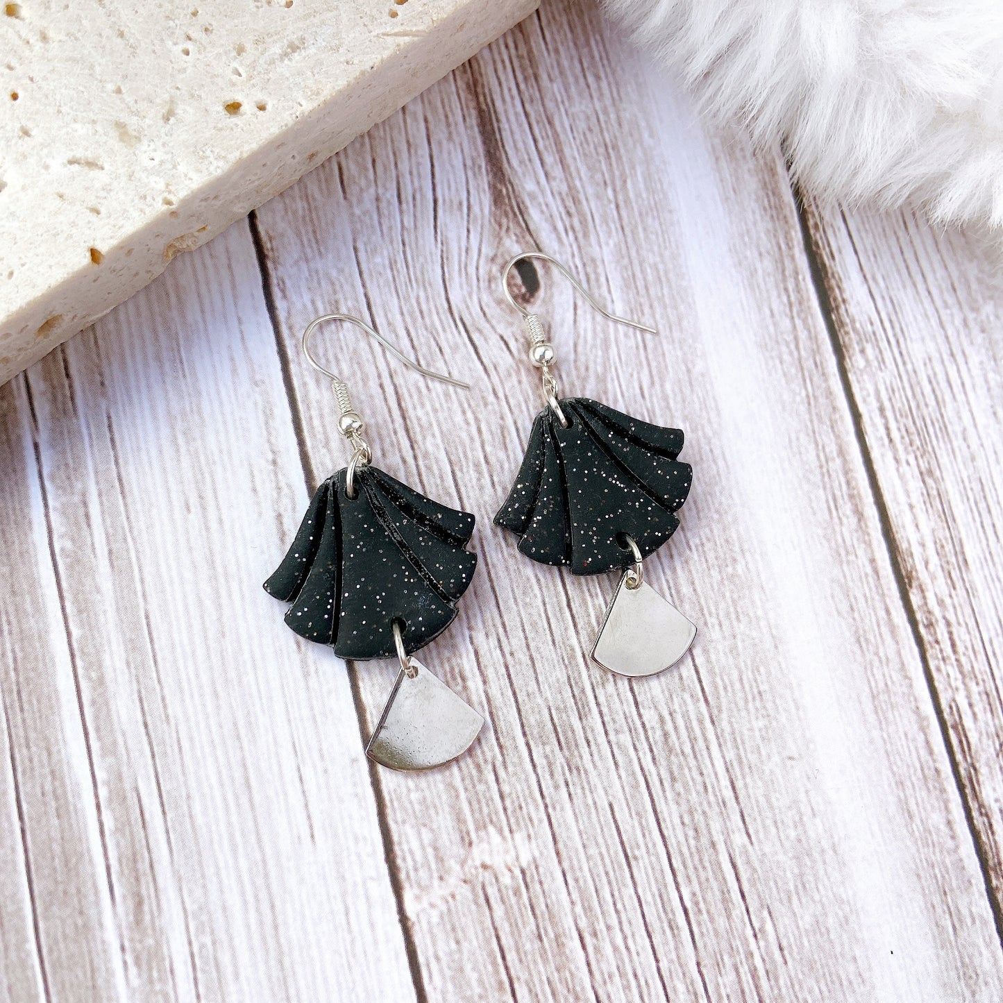 White Handmade Polymer Clay Fan Earrings with Polished Silver Metal Accent