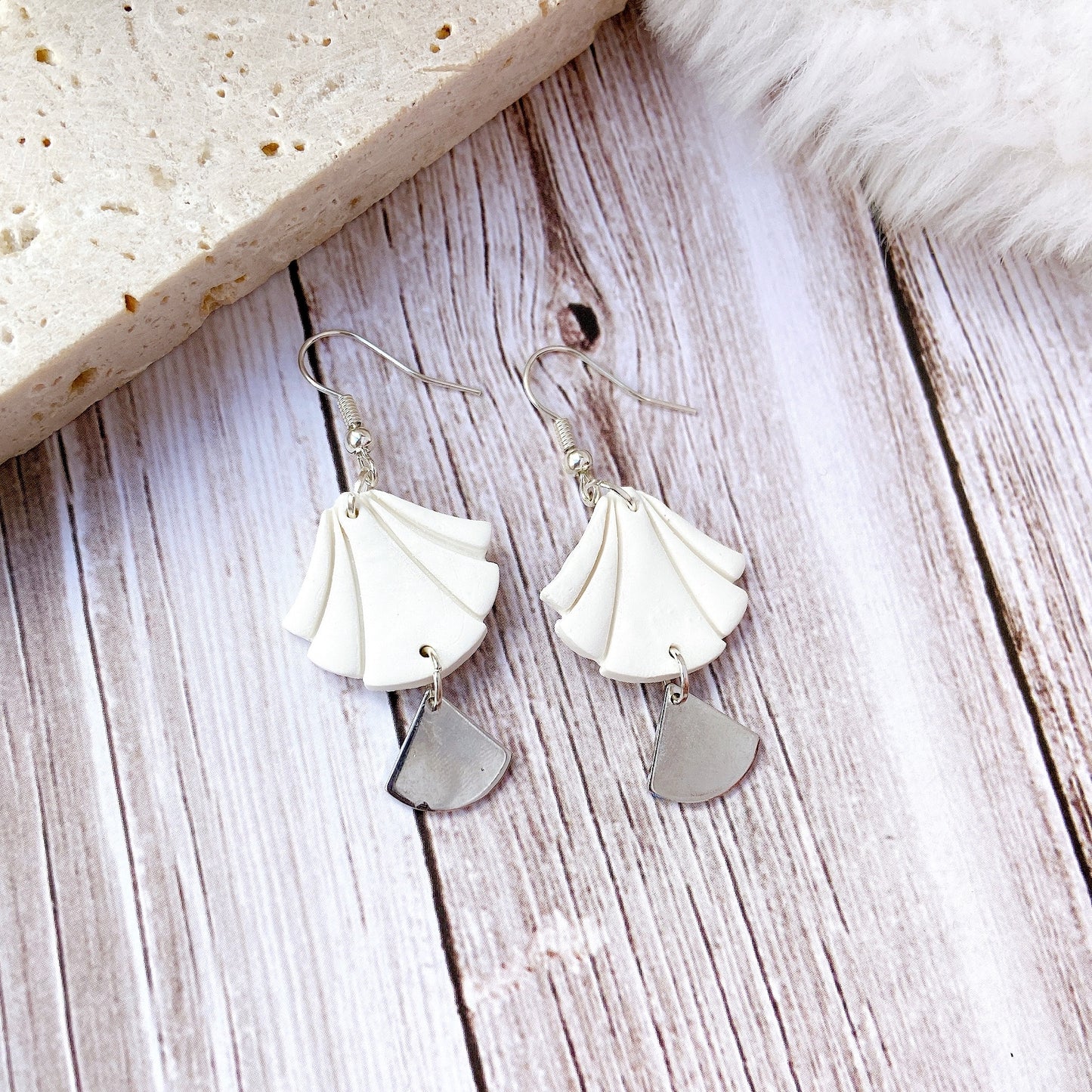White Handmade Polymer Clay Fan Earrings with Polished Silver Metal Accent