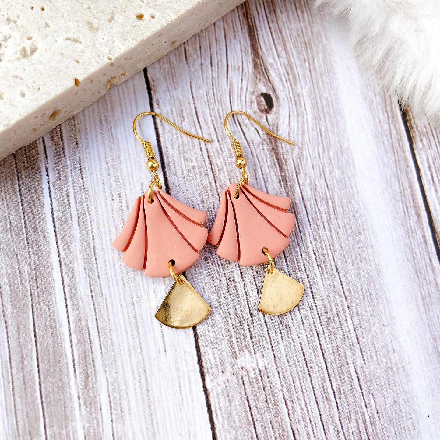 White Handmade Polymer Clay Fan Earrings with Polished Silver Metal Accent