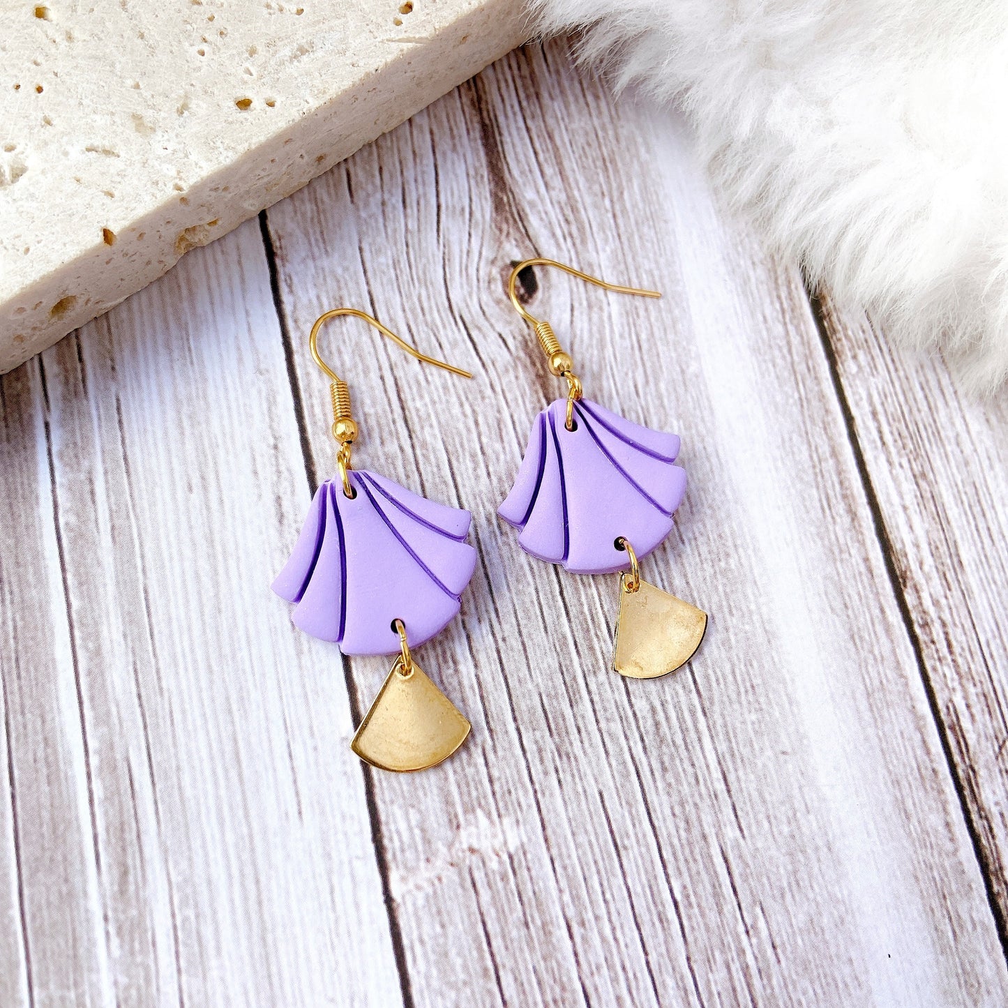 White Handmade Polymer Clay Fan Earrings with Polished Silver Metal Accent