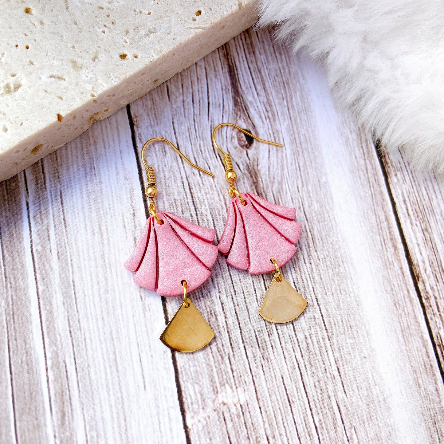 White Handmade Polymer Clay Fan Earrings with Polished Silver Metal Accent