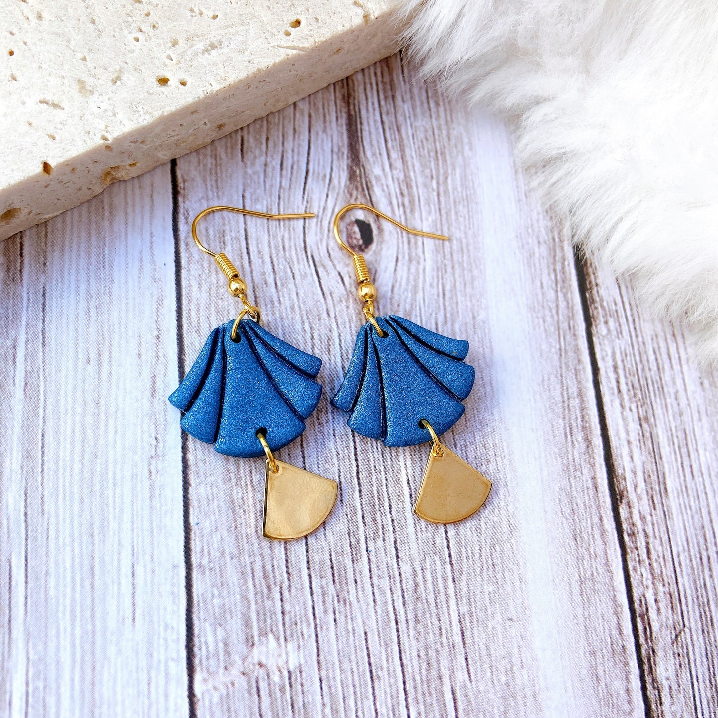 White Handmade Polymer Clay Fan Earrings with Polished Silver Metal Accent