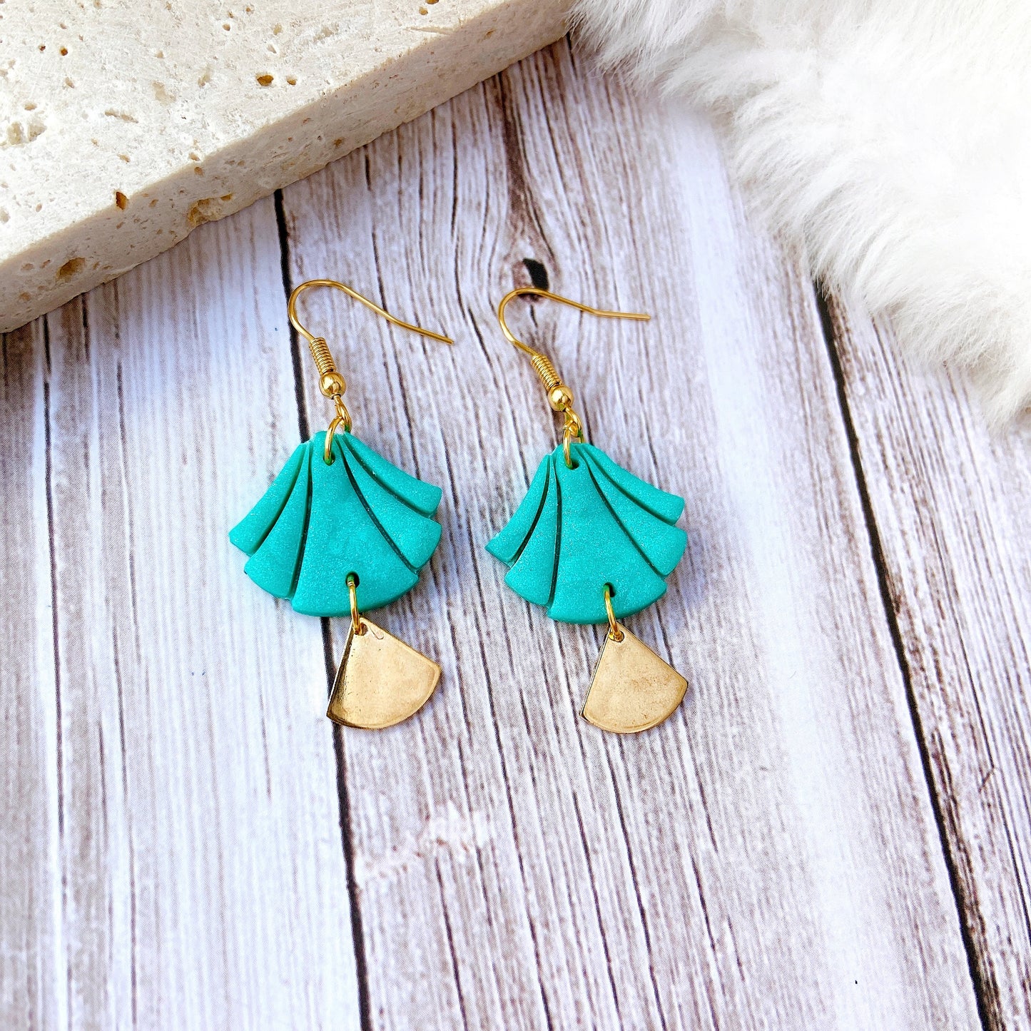 White Handmade Polymer Clay Fan Earrings with Polished Silver Metal Accent