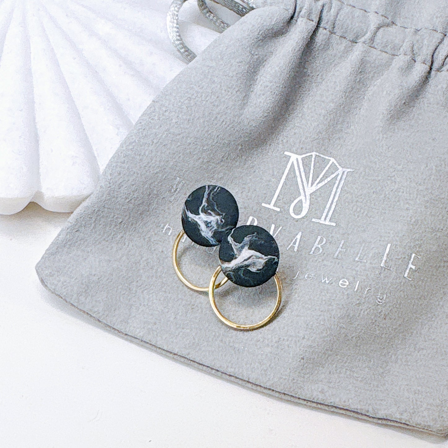 White Marble & Silver Frame Round Hoop Minimalist Earrings