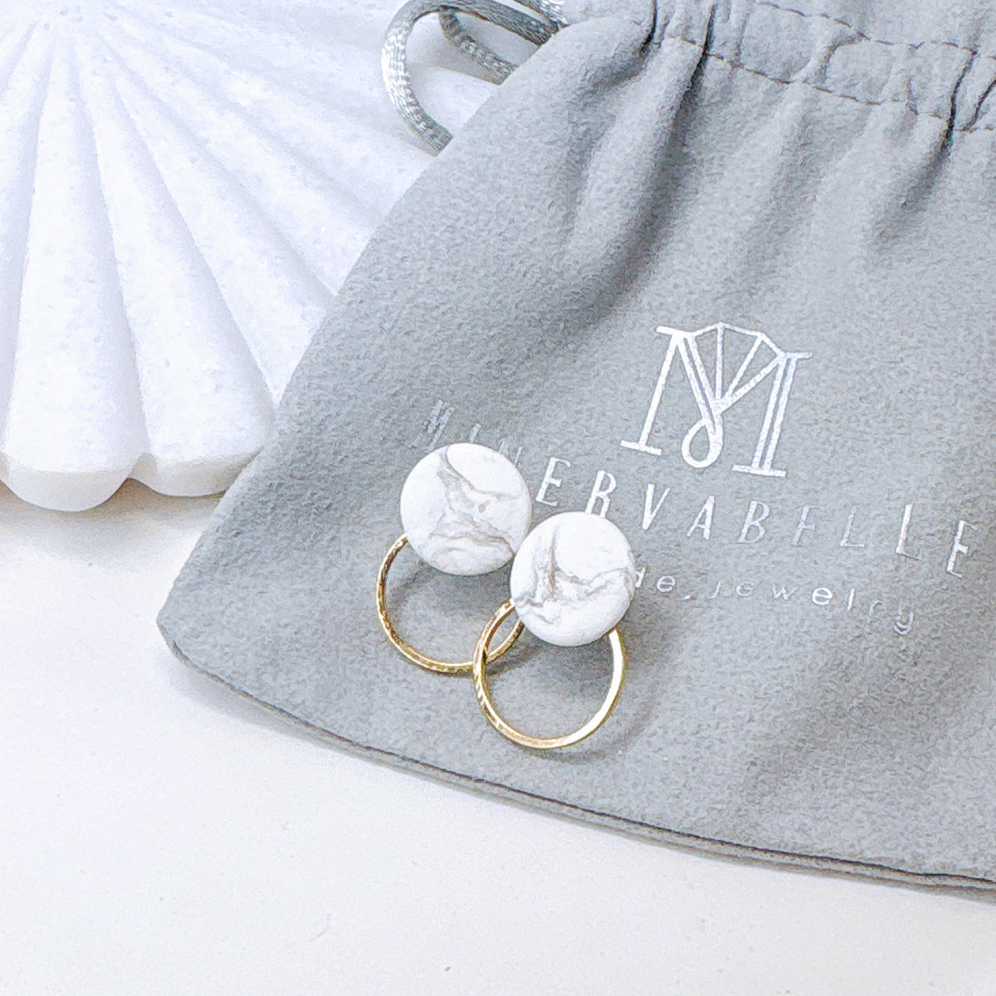 White Marble & Silver Frame Round Hoop Minimalist Earrings