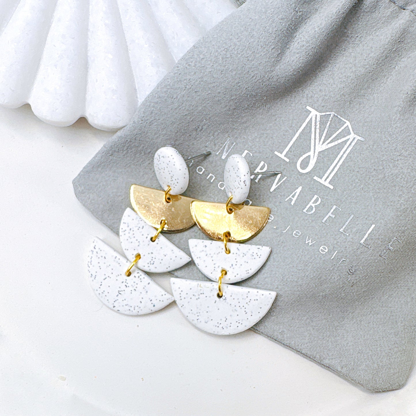 Grey Stone Triple Arc Layered Polymer Clay Earrings – Minimalist Geometric Statement