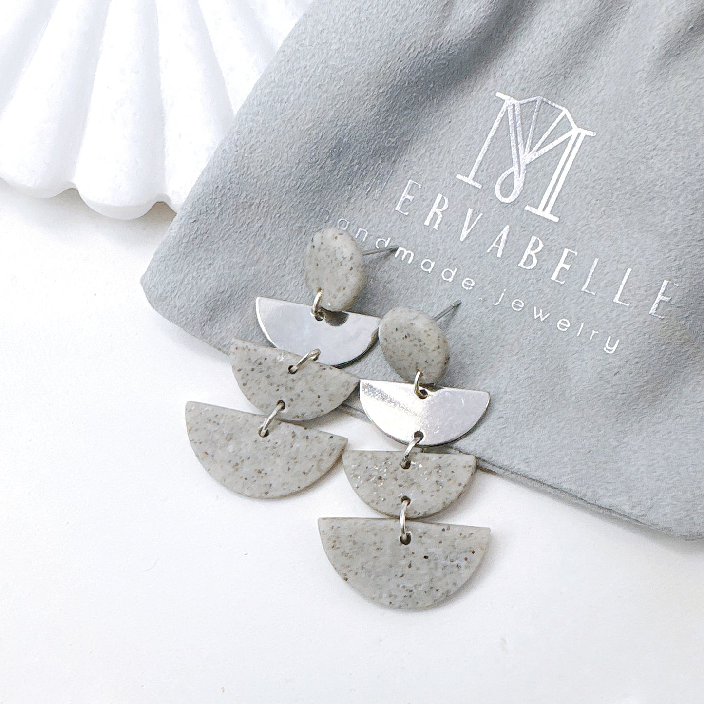 Grey Stone Triple Arc Layered Polymer Clay Earrings – Minimalist Geometric Statement