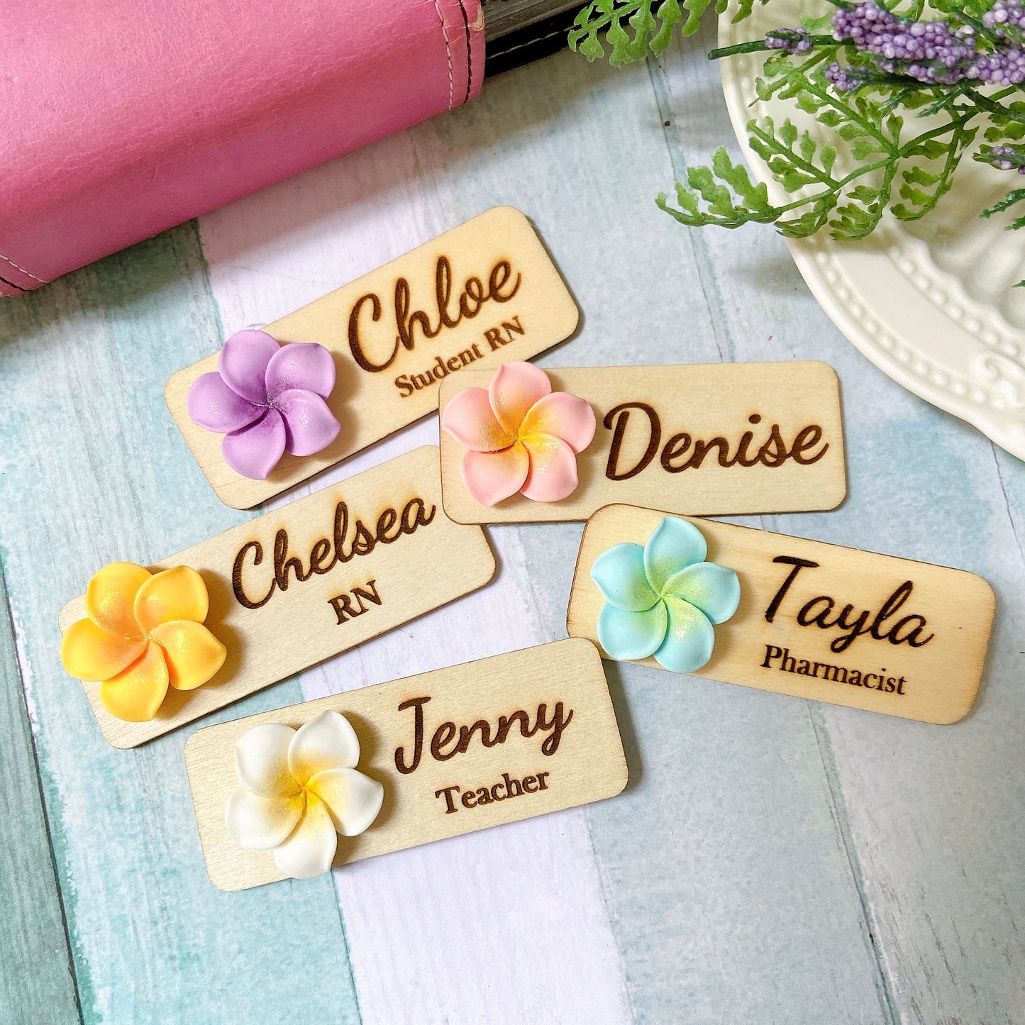3D Blue Plumeria Rubra Personalised Name Tag