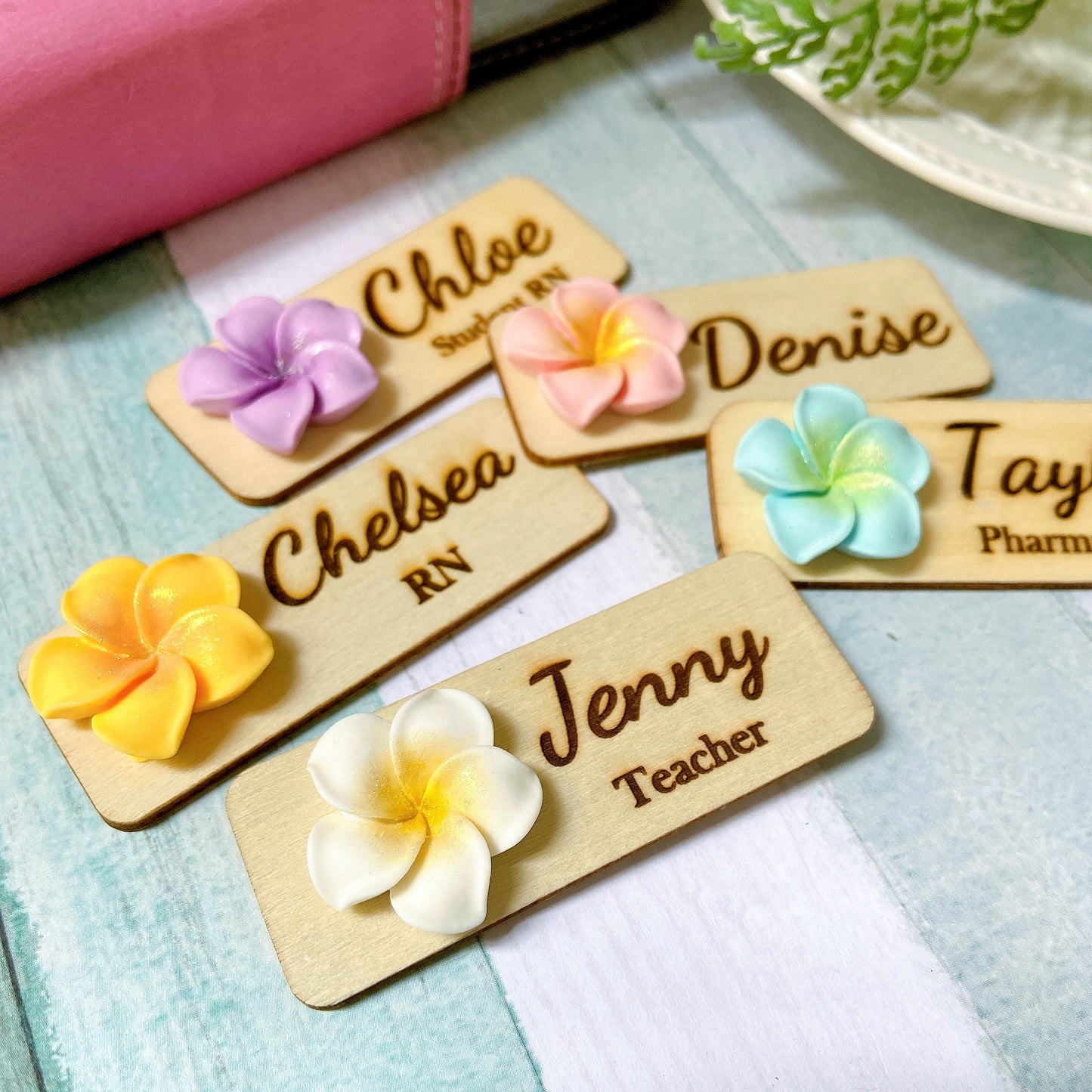 3D Blue Plumeria Rubra Personalised Name Tag