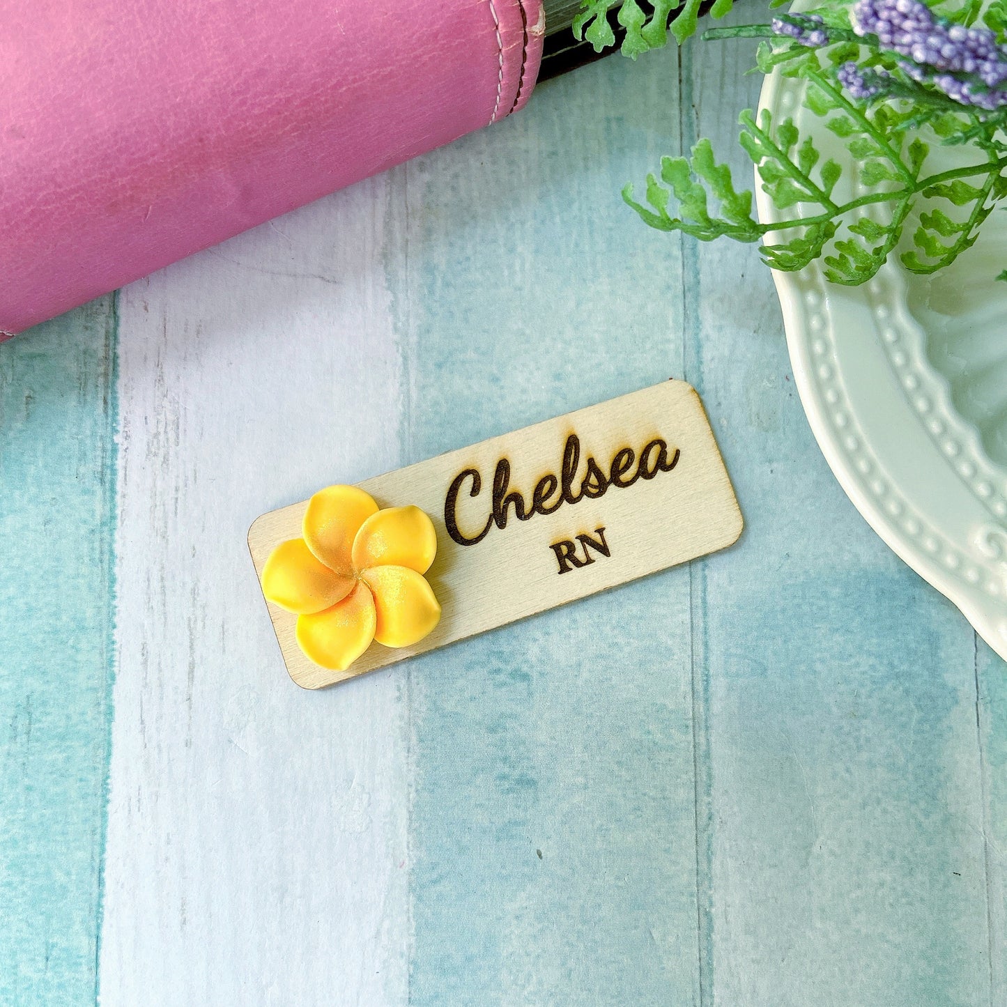 3D Blue Plumeria Rubra Personalised Name Tag