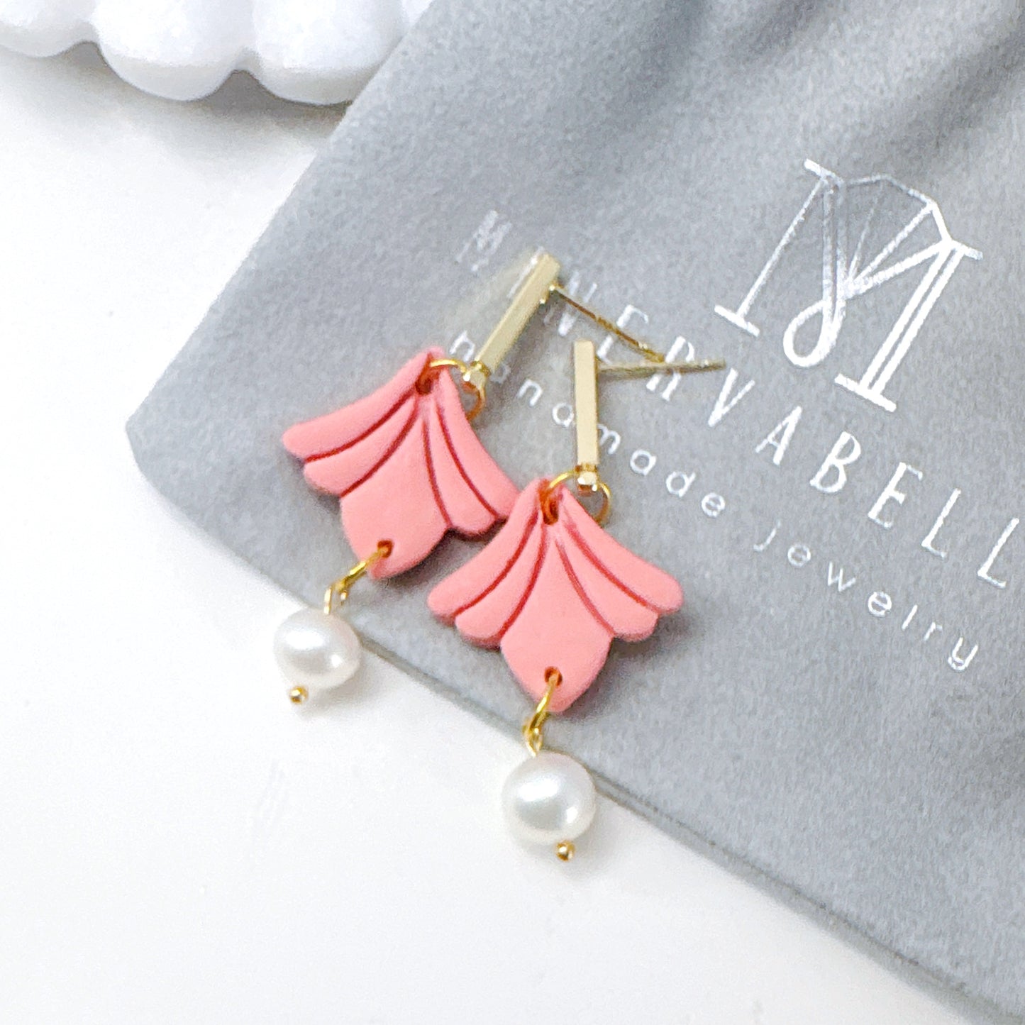 Coral Pink Ginkgo Petal Earrings with Freshwater Pearl – Elegant Collection