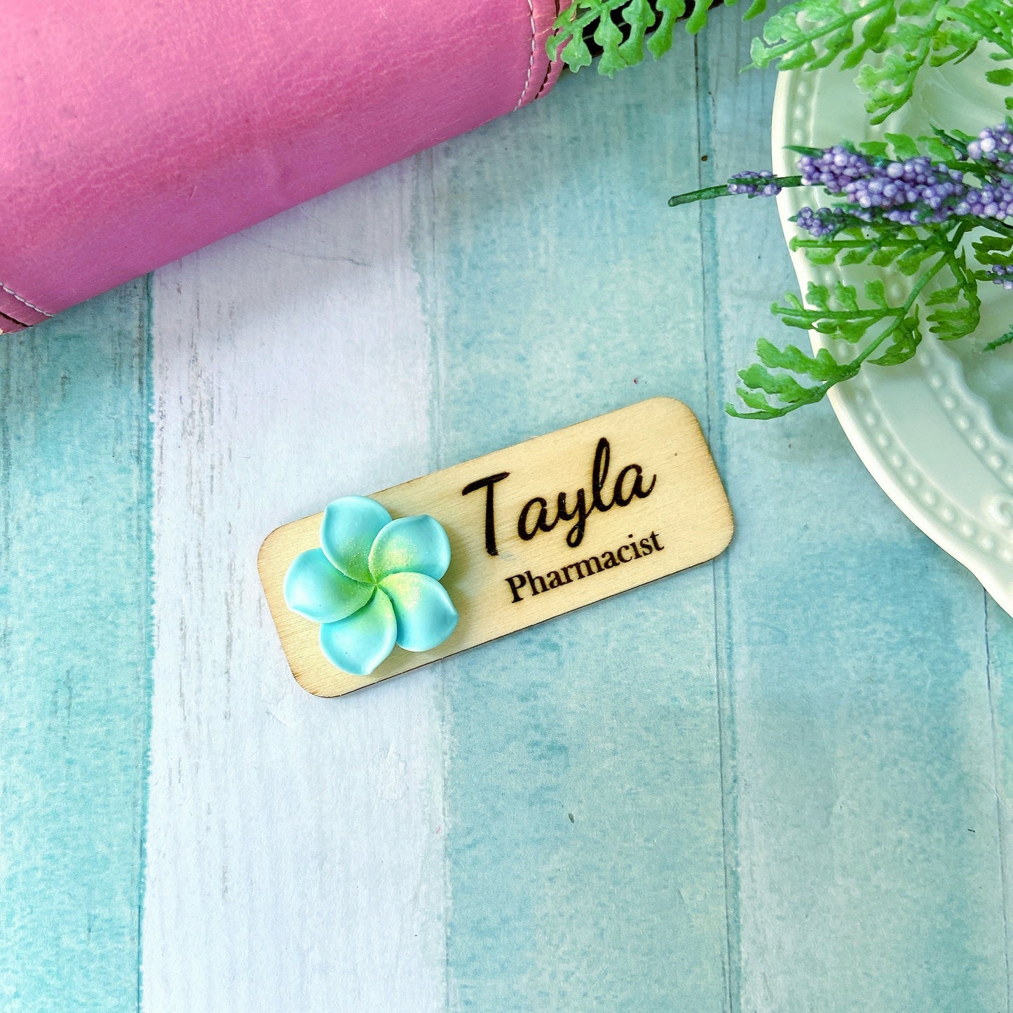 3D Blue Plumeria Rubra Personalised Name Tag