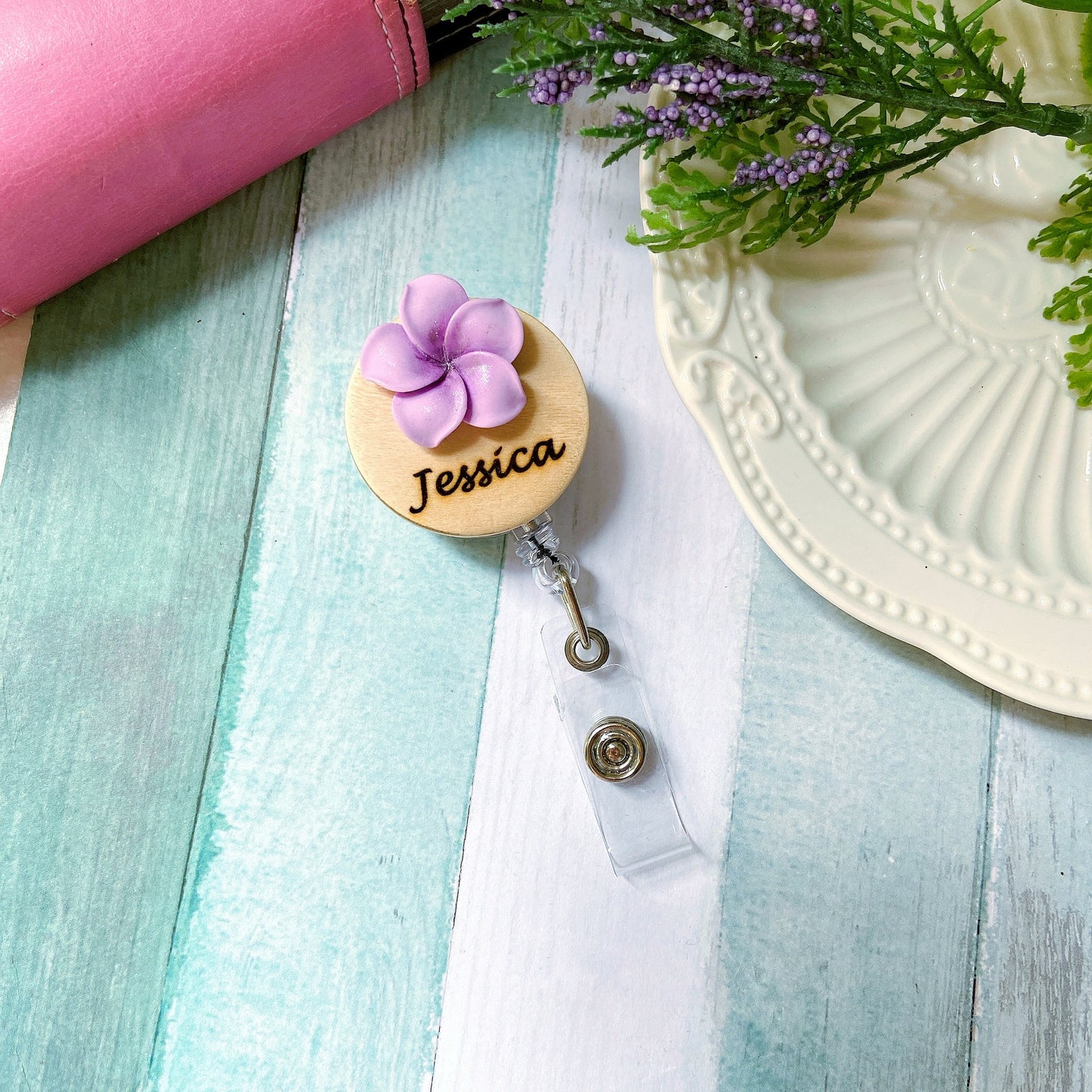 3D Blue Plumeria Rubra Personalized Name Badge Reel