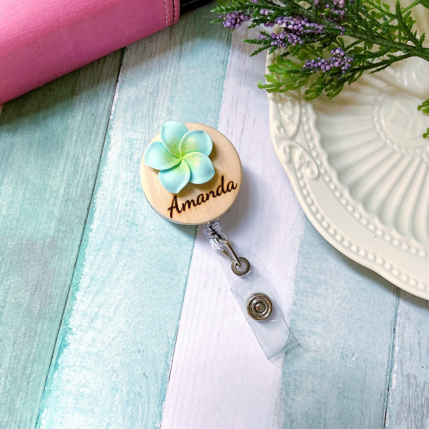 3D Blue Plumeria Rubra Personalized Name Badge Reel