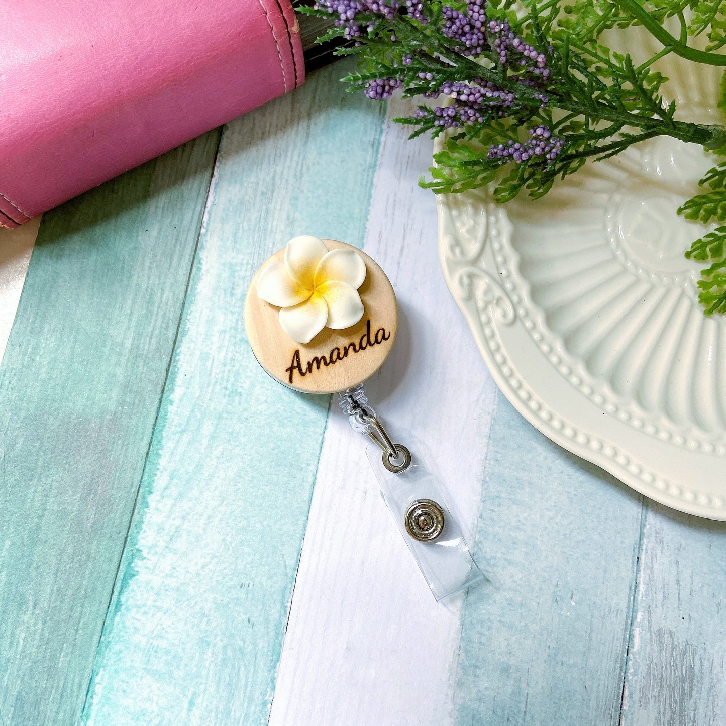 3D Blue Plumeria Rubra Personalized Name Badge Reel