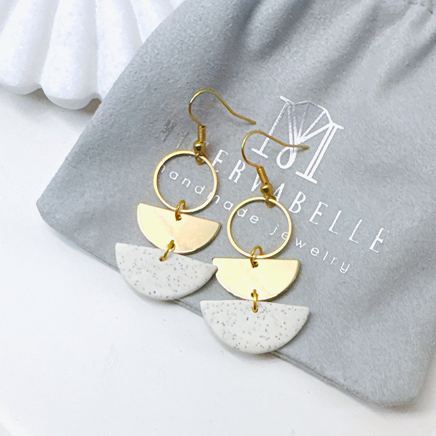 Silver Grey Stone Polymer Clay Layered Semi-Circle Dangle Earrings