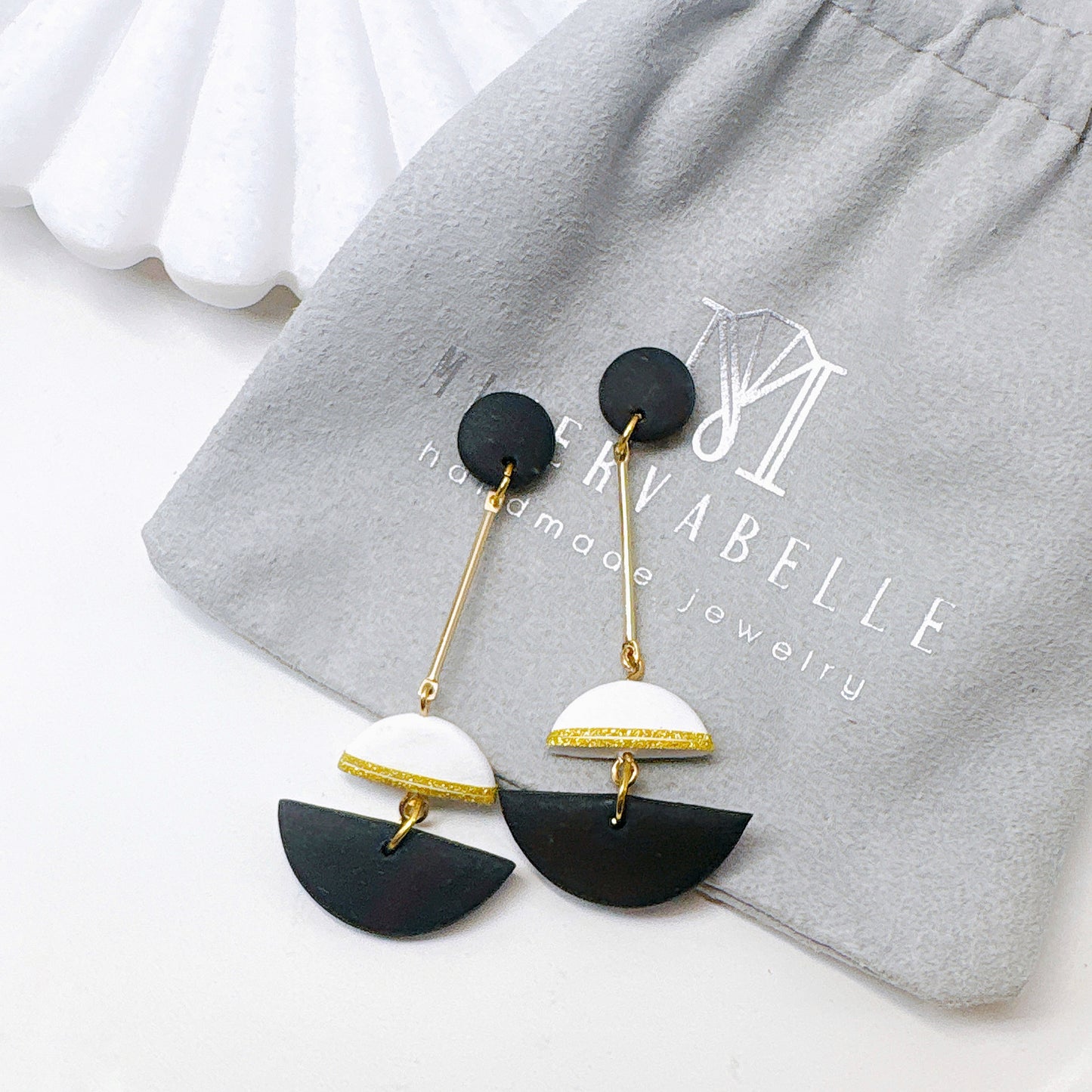 Black & White Geometric Dual Arc Earrings - Black
