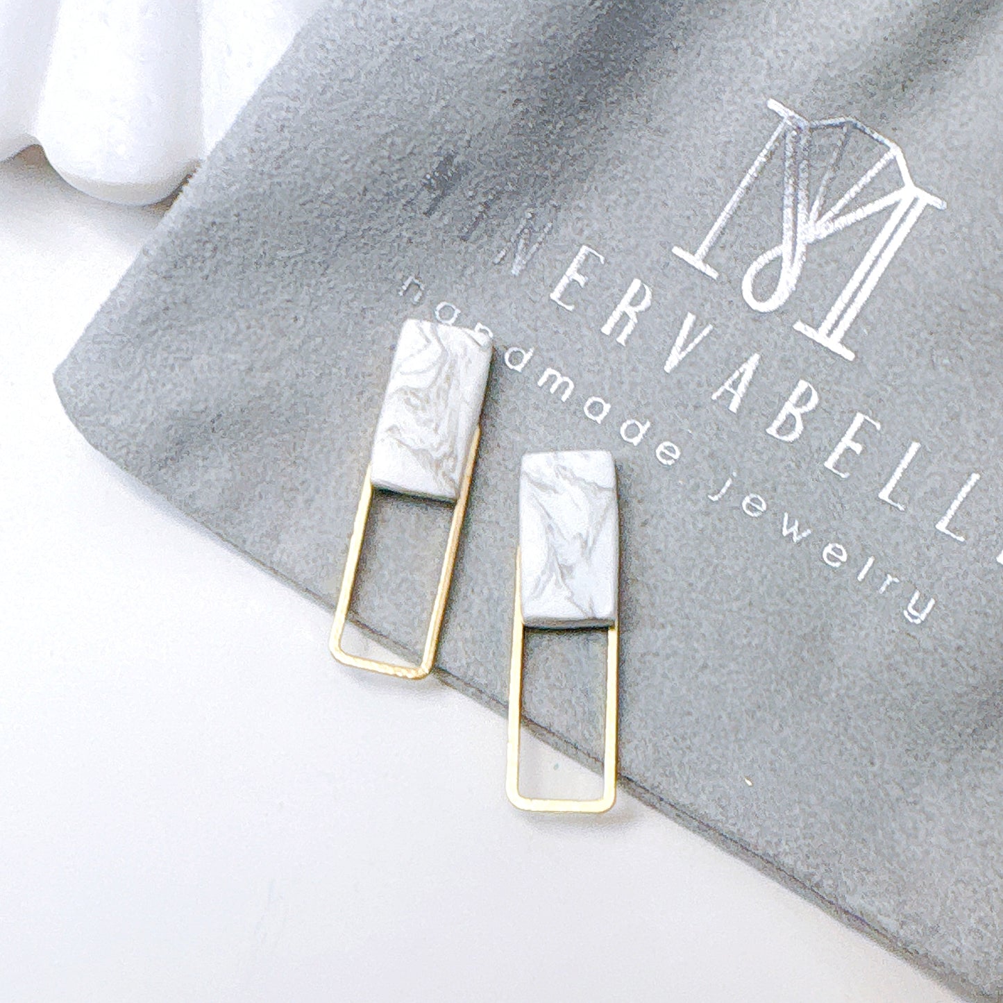 Marble Clay with Silver Rectangle Frame Stud Earrings