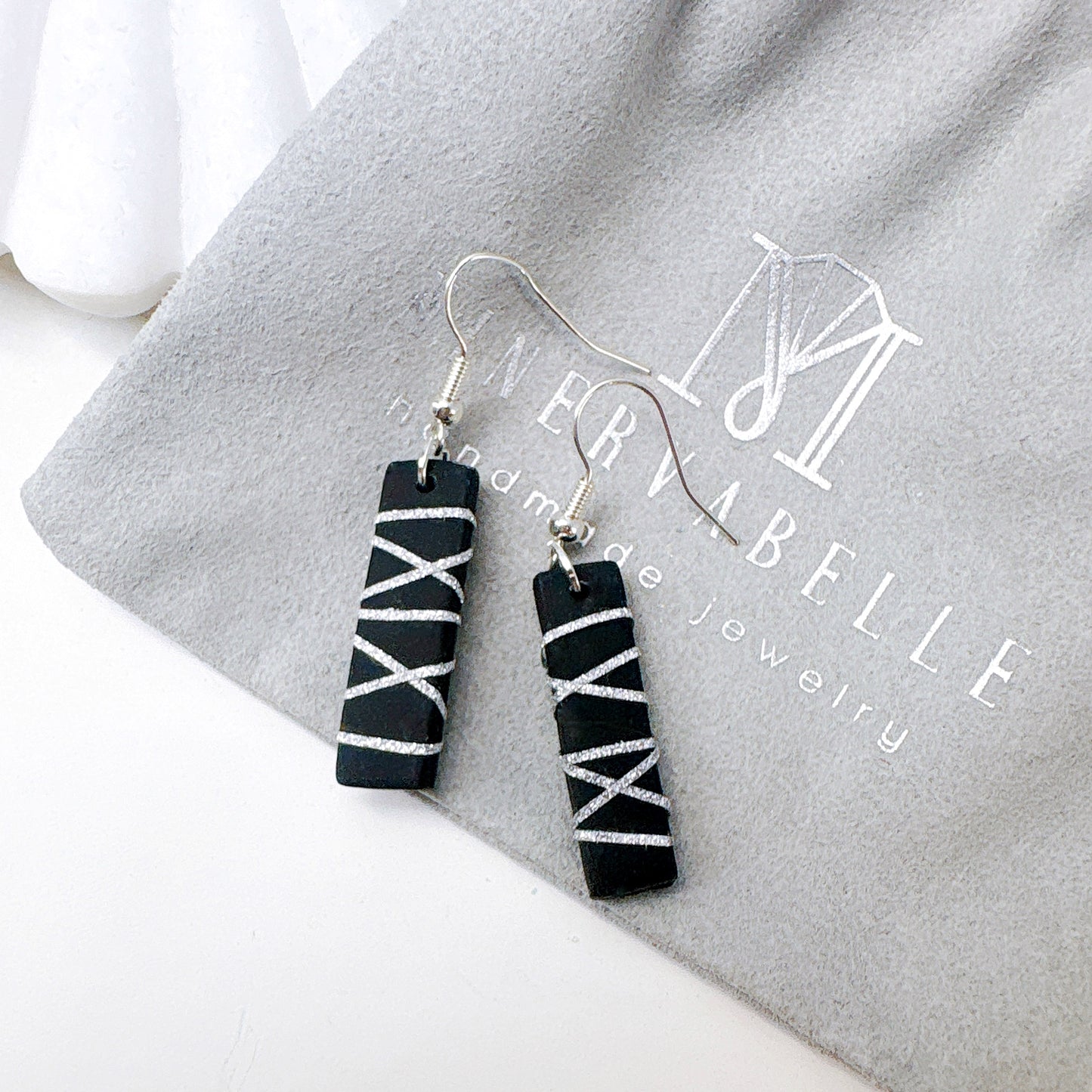 Rectangle Black Polymer Clay Dangle Earrings with Gold Glitter Line Design