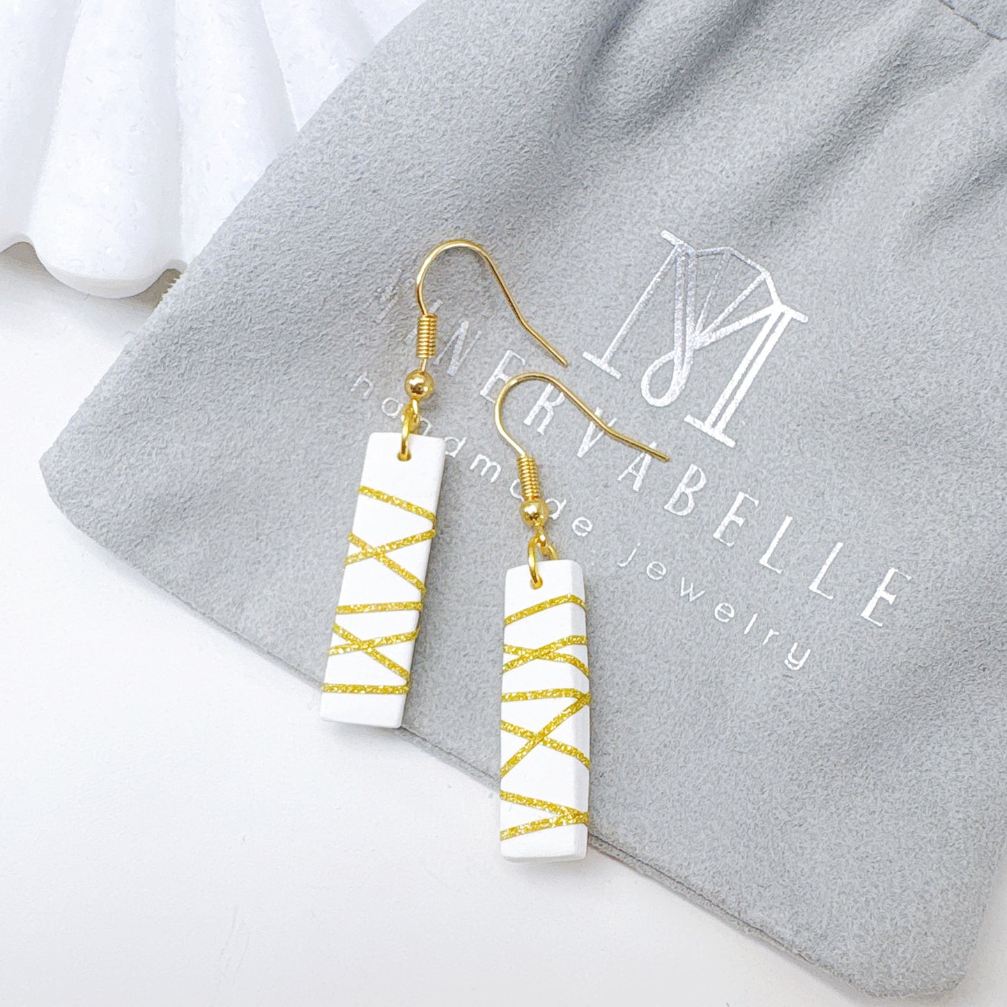 Rectangle Black Polymer Clay Dangle Earrings with Gold Glitter Line Design