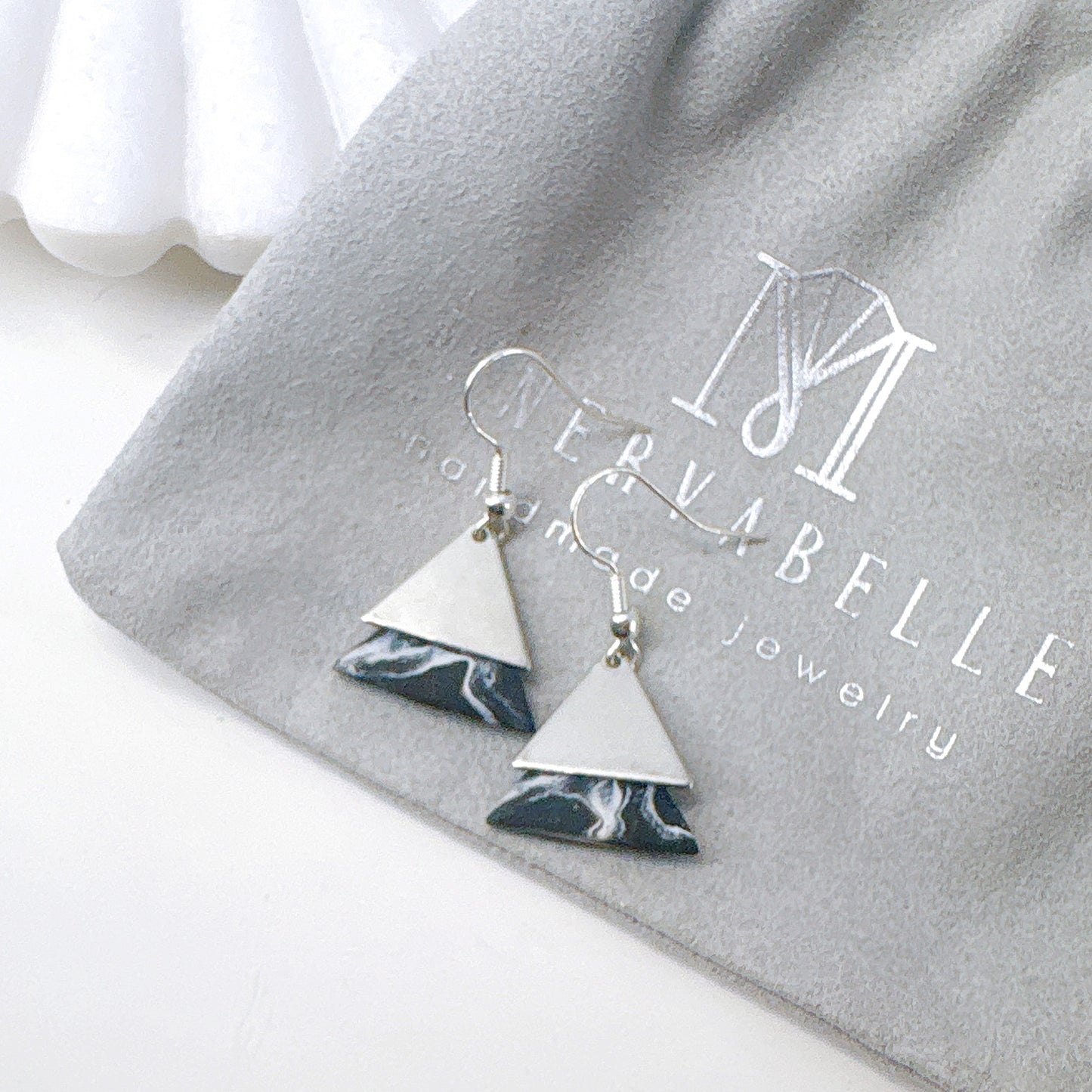 White Marble With Golden Dual Triangle Polymer Clay Earrings
