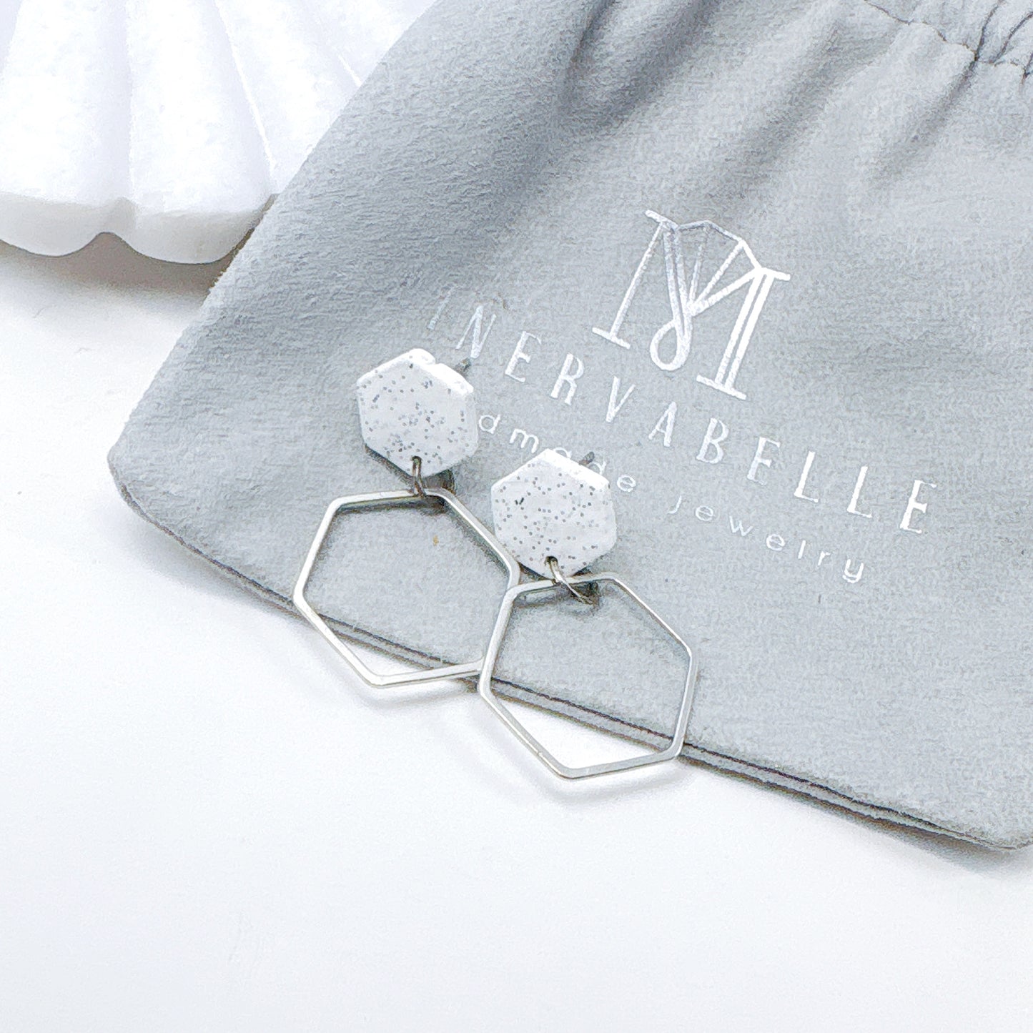 Grey Stone and Silver Hexagon Double Drop Earrings – Minimalist Geometric Collection
