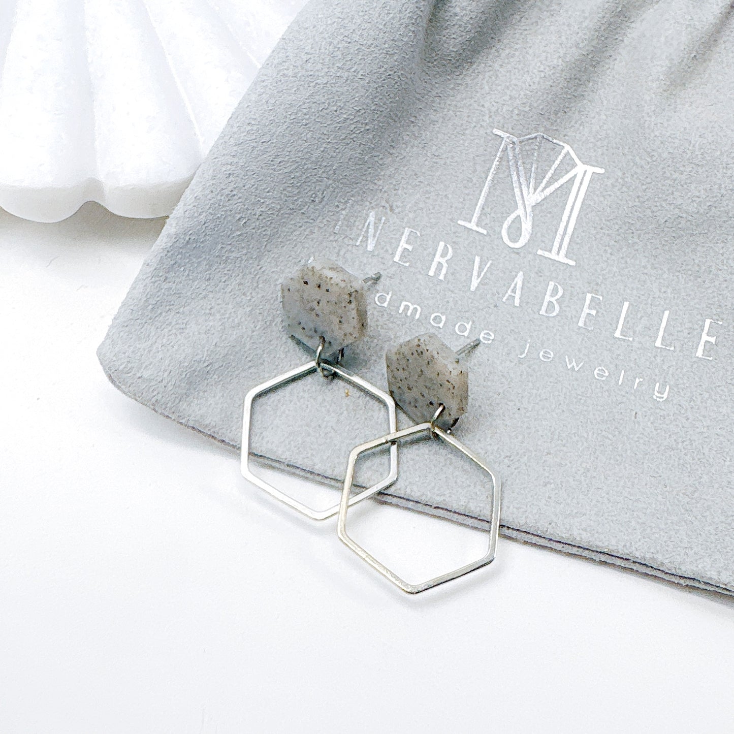Grey Stone and Silver Hexagon Double Drop Earrings – Minimalist Geometric Collection