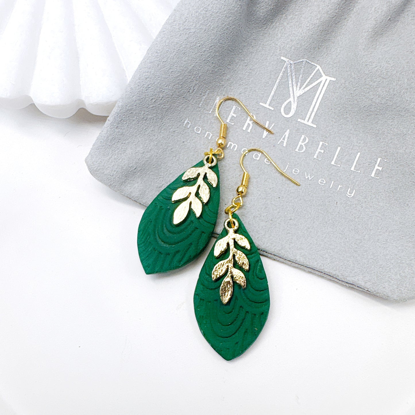 Emerald Green Gold Leaf Embossed Polymer Clay Earrings