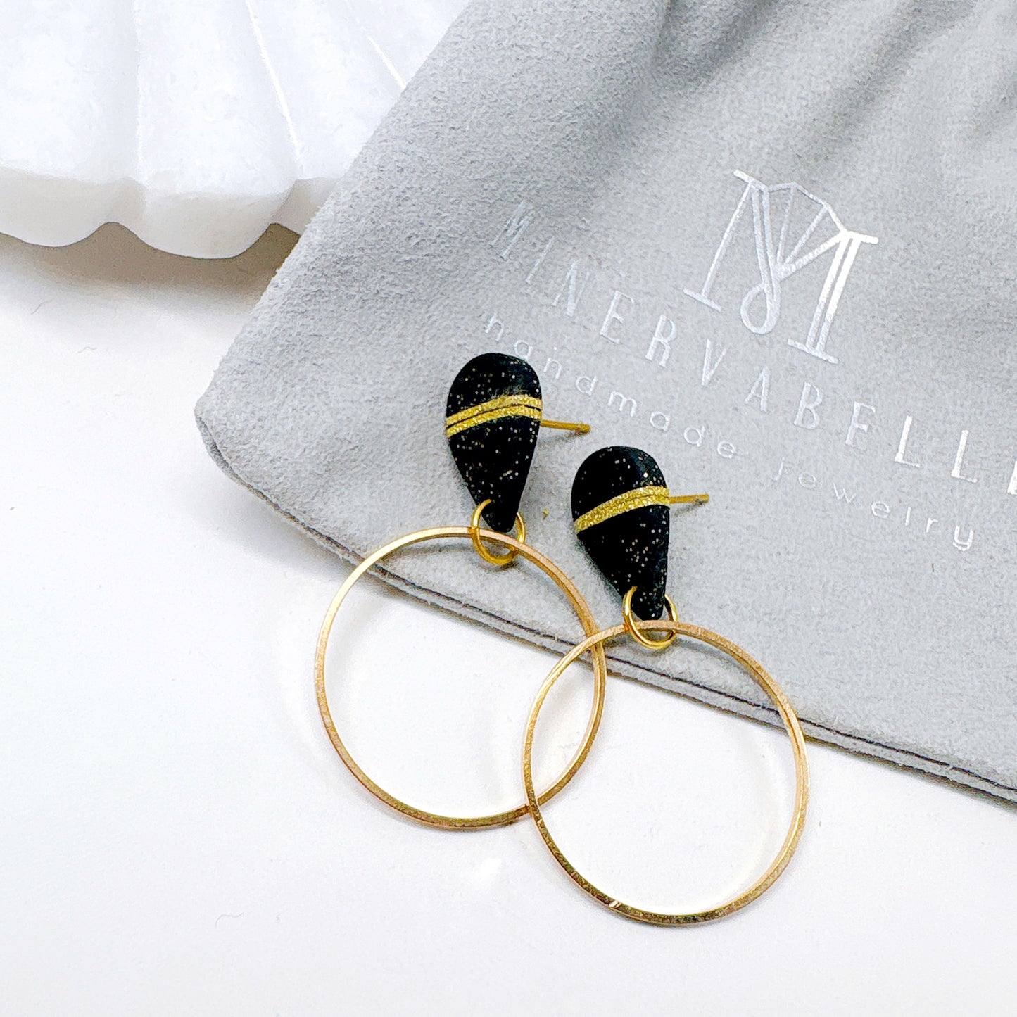 White Stone Speckled Teardrop Clay Earrings with Silver Metallic Hoops