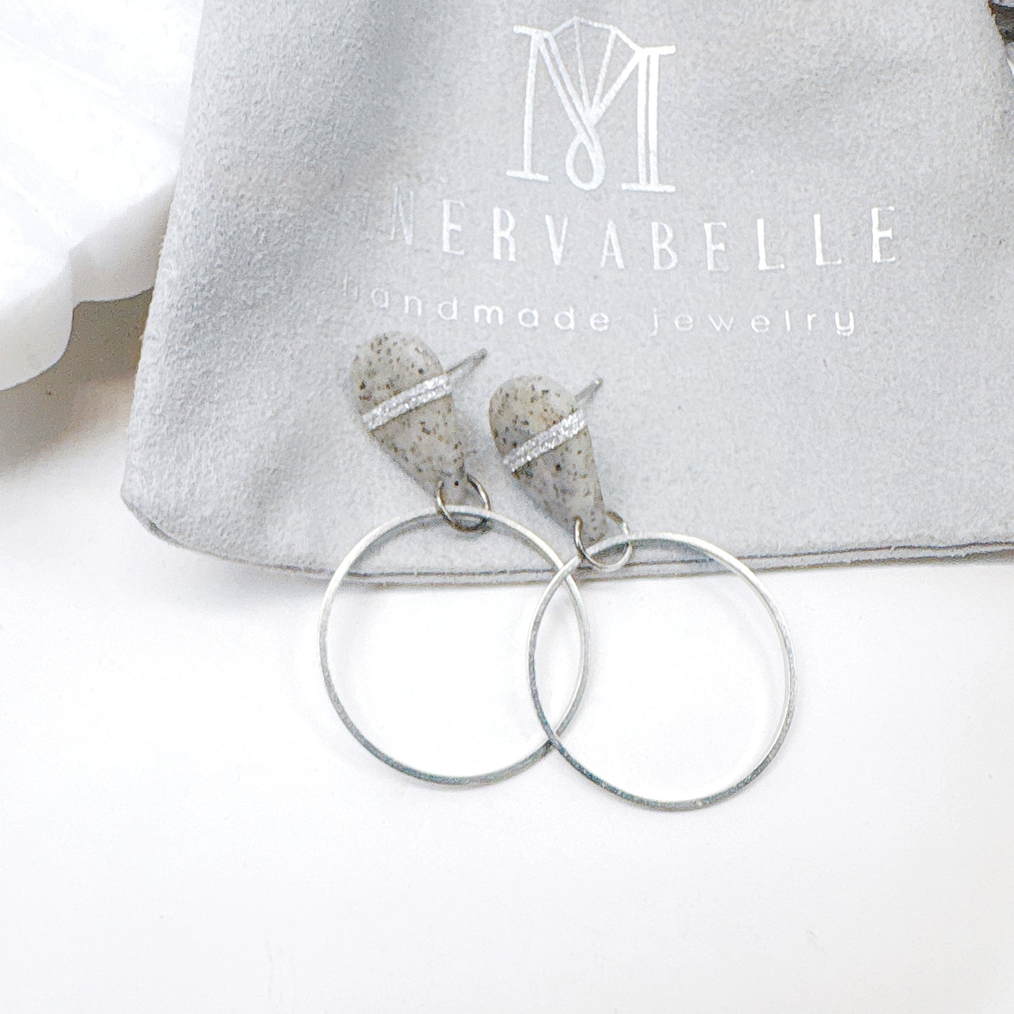 White Stone Speckled Teardrop Clay Earrings with Silver Metallic Hoops