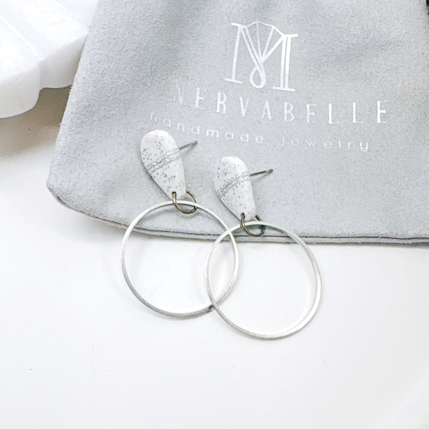 White Stone Speckled Teardrop Clay Earrings with Silver Metallic Hoops