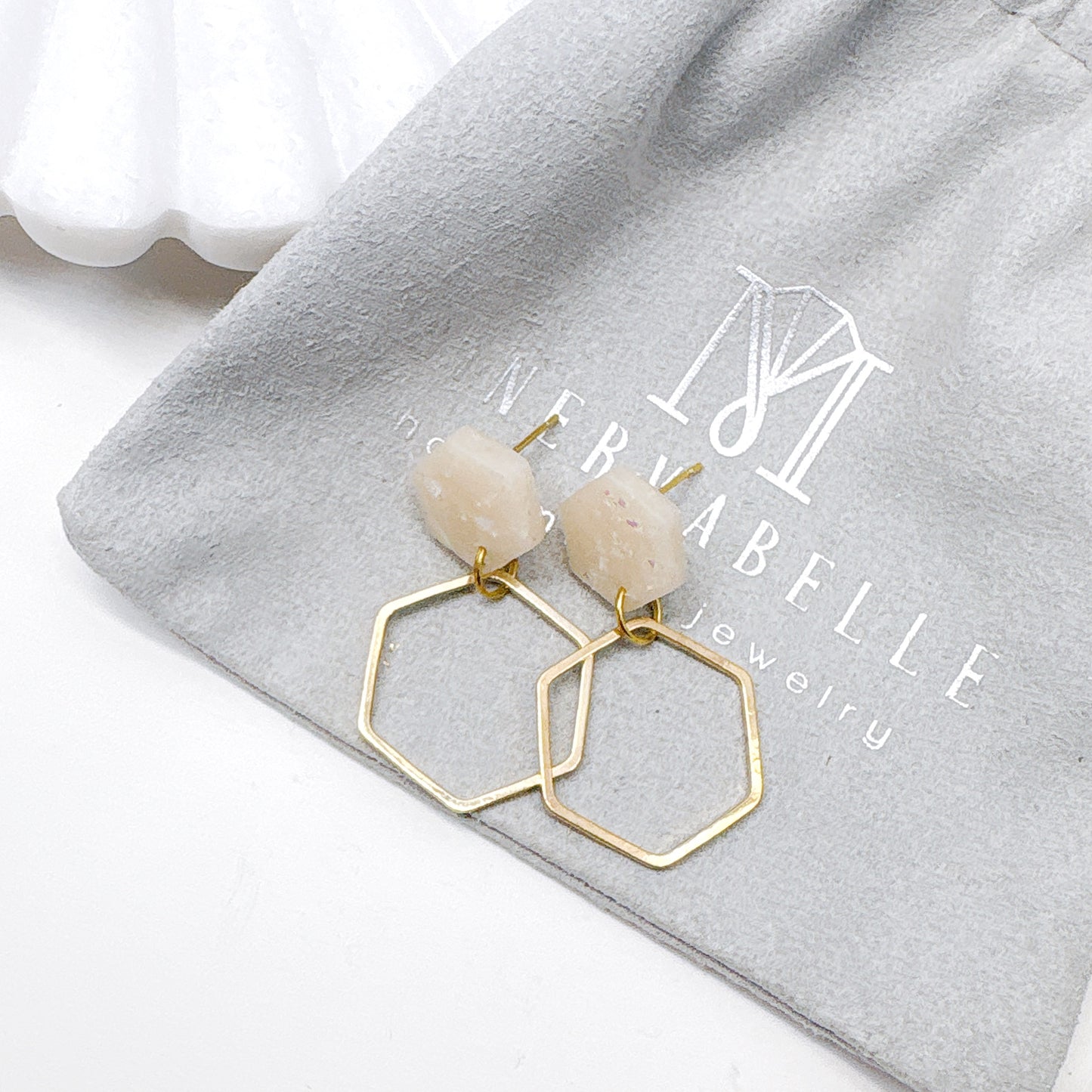 Grey Stone and Silver Hexagon Double Drop Earrings – Minimalist Geometric Collection