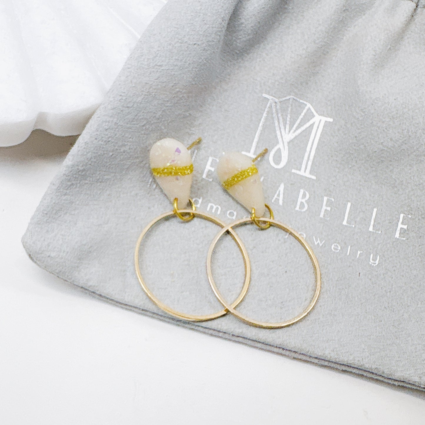 White Stone Speckled Teardrop Clay Earrings with Silver Metallic Hoops