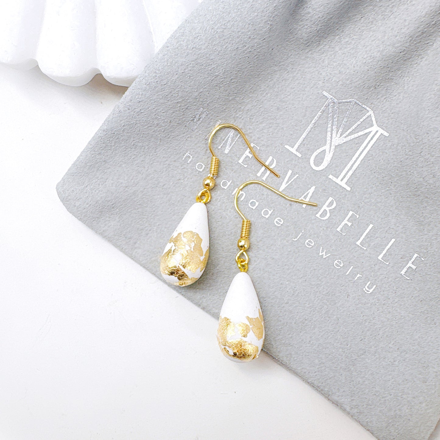 Handmade Black Gold Leaf Polymer Clay Teardrop Dangle Earrings