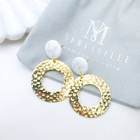 Gold Textured Circle Earrings with Marble Clay Studs