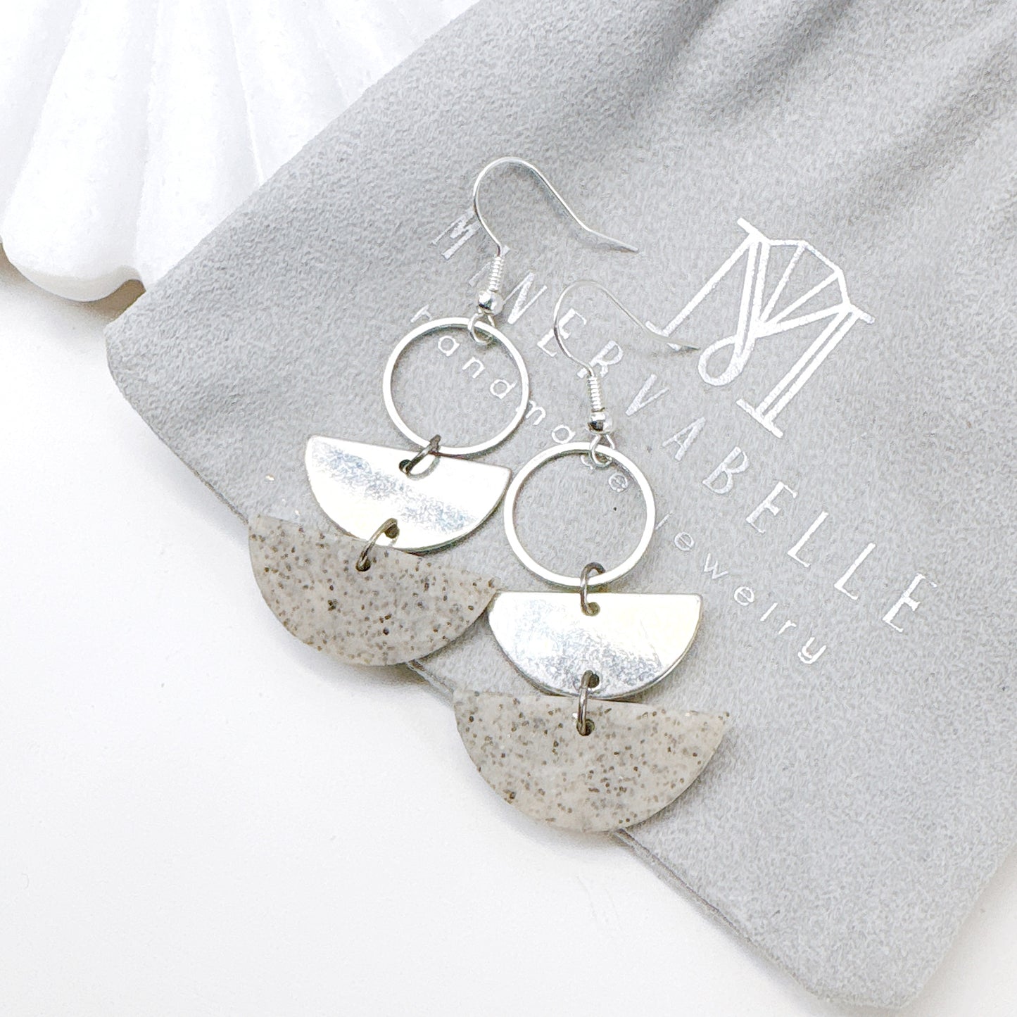Silver Grey Stone Polymer Clay Layered Semi-Circle Dangle Earrings