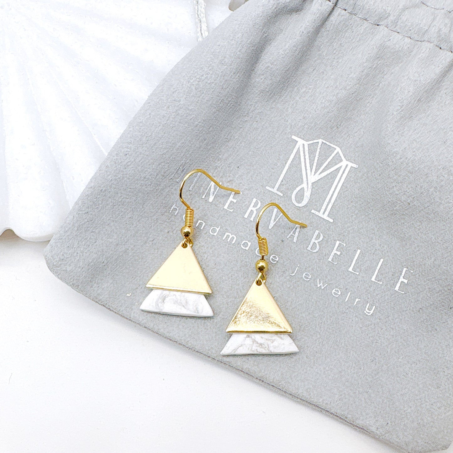 White Marble With Golden Dual Triangle Polymer Clay Earrings