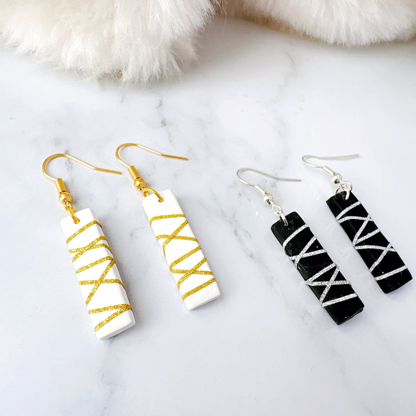 Rectangle Black Polymer Clay Dangle Earrings with Gold Glitter Line Design