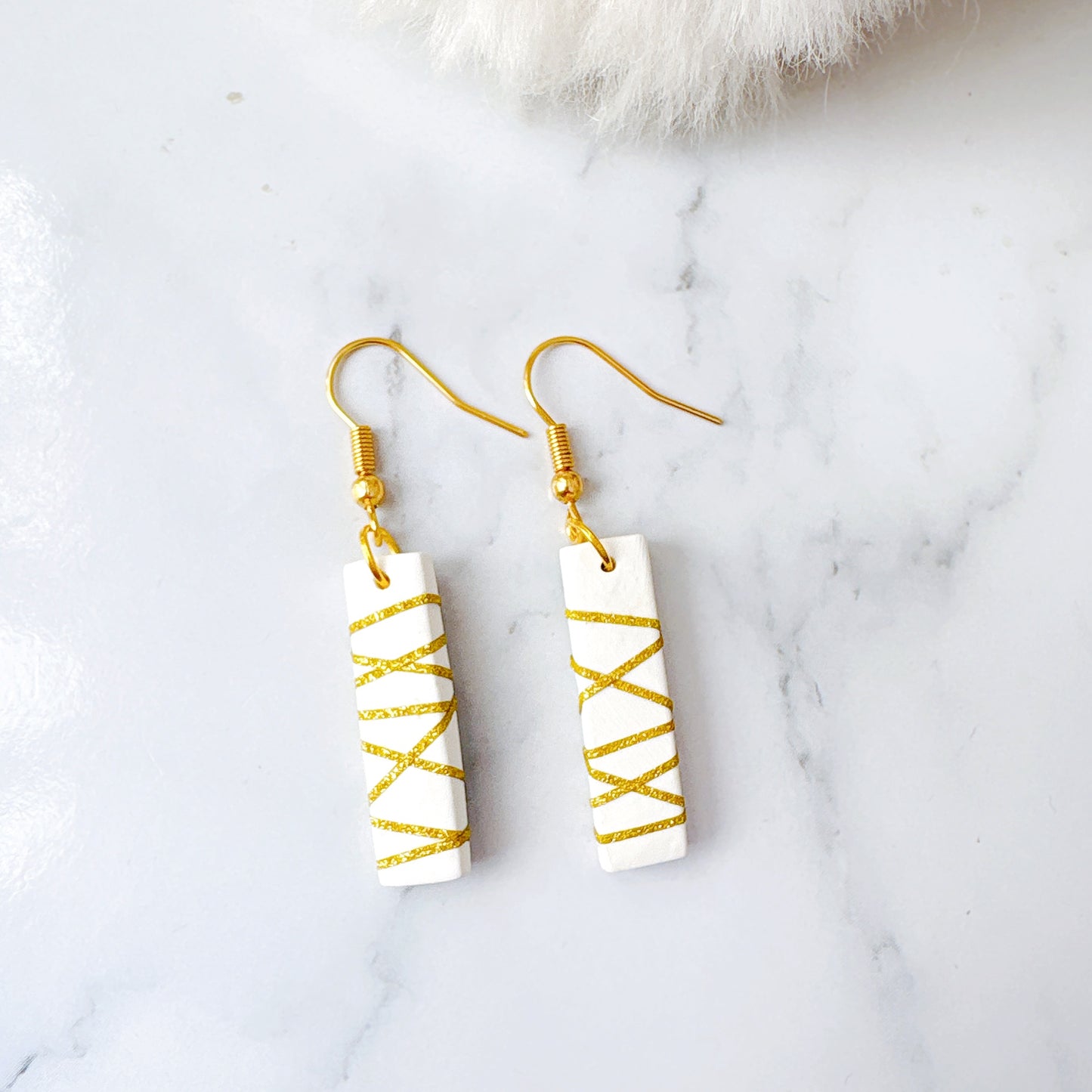 Rectangle Black Polymer Clay Dangle Earrings with Gold Glitter Line Design