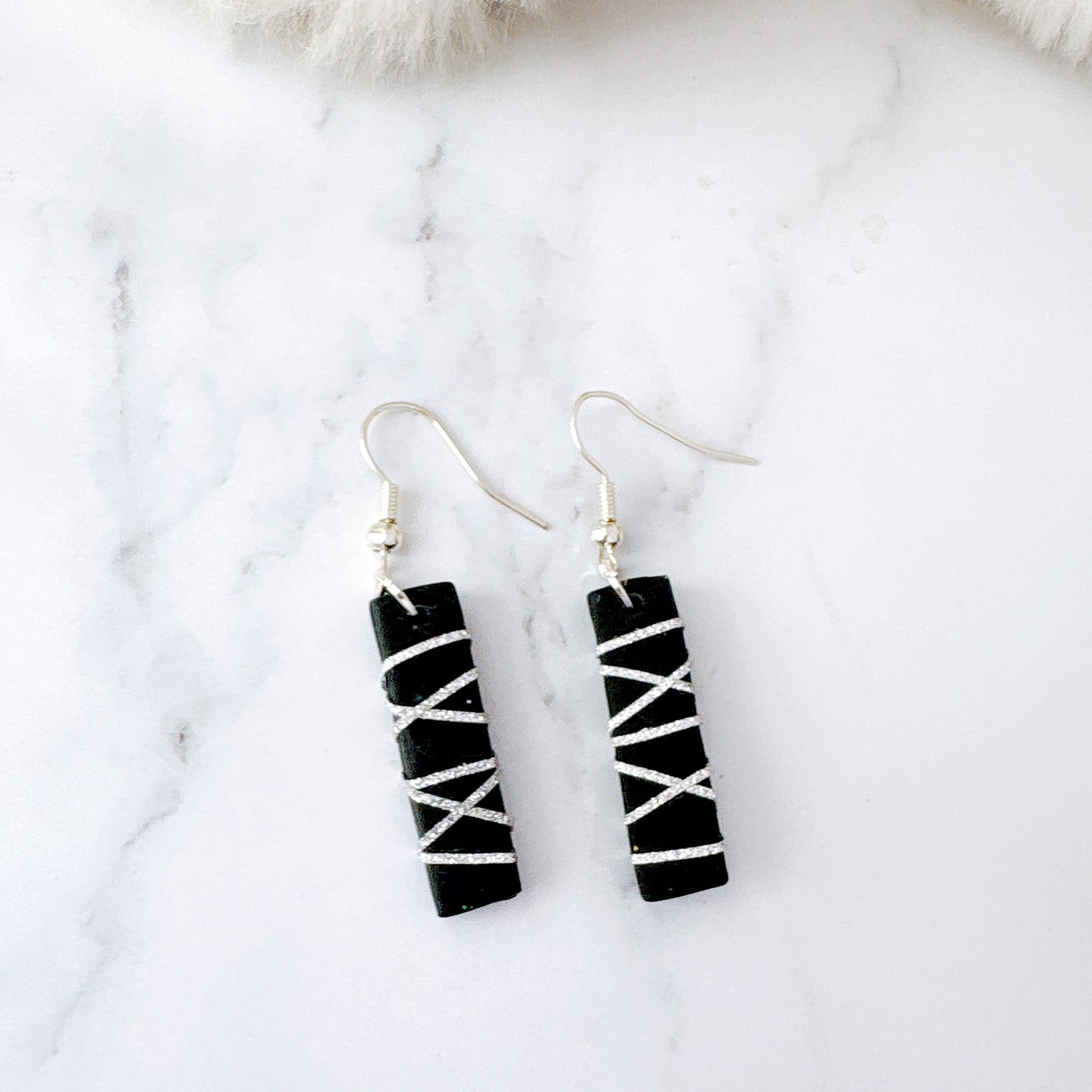 Rectangle Black Polymer Clay Dangle Earrings with Gold Glitter Line Design