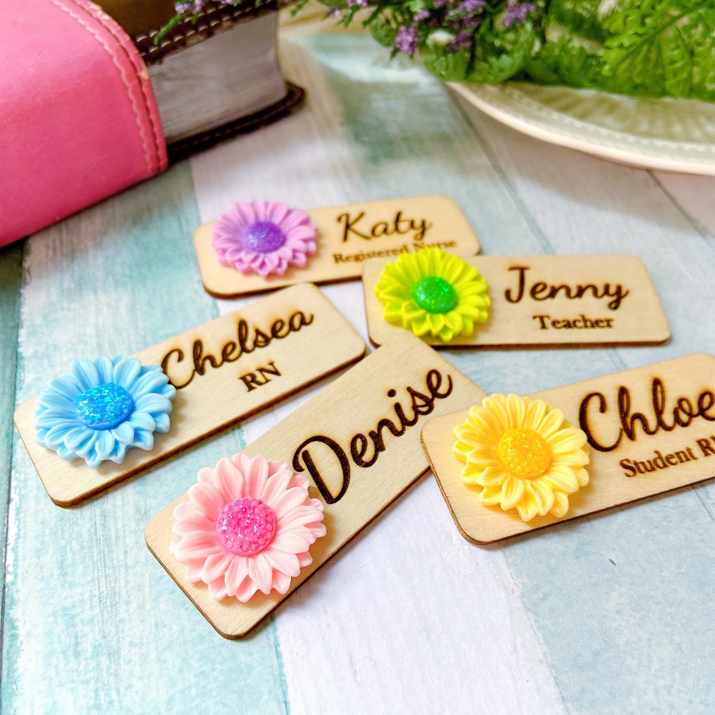 3D Glitter Yellow Chrysanthemum Personalized Name Tag