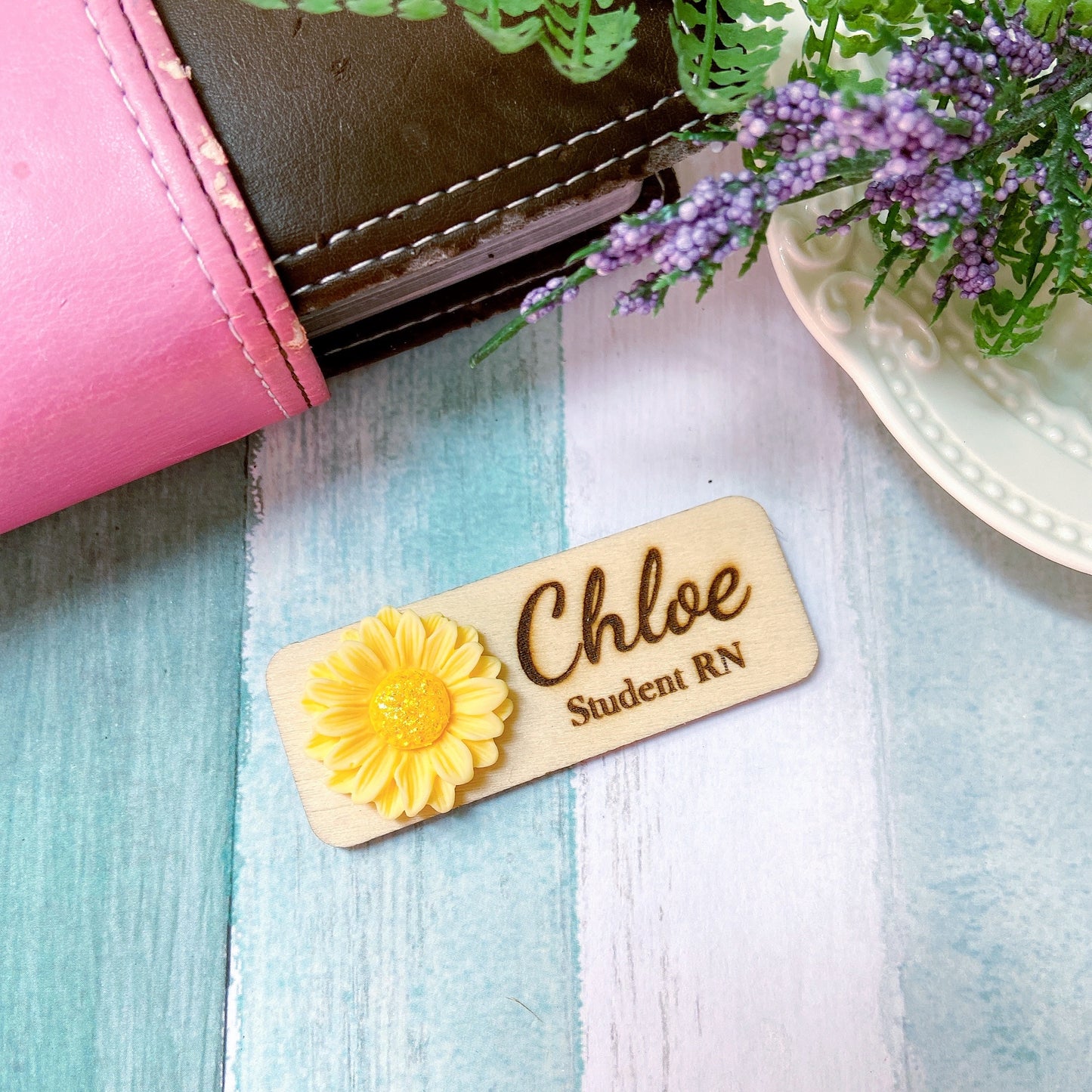 3D Glitter Yellow Chrysanthemum Personalized Name Tag